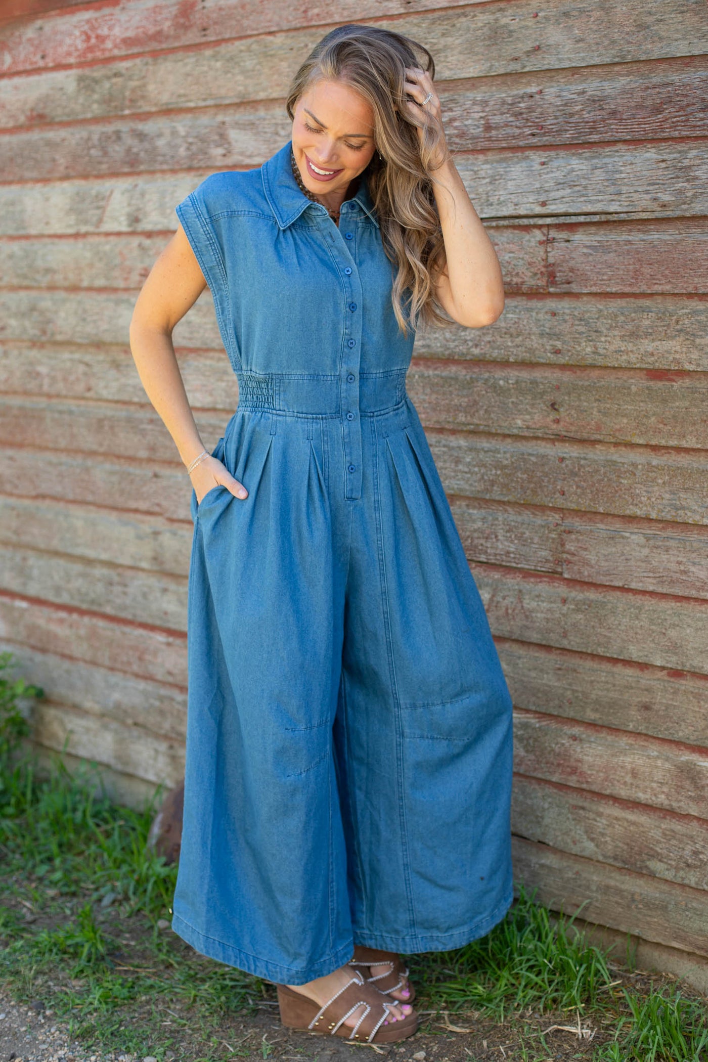 Denim Side Drawstring Hem Detail Jumpsuit
