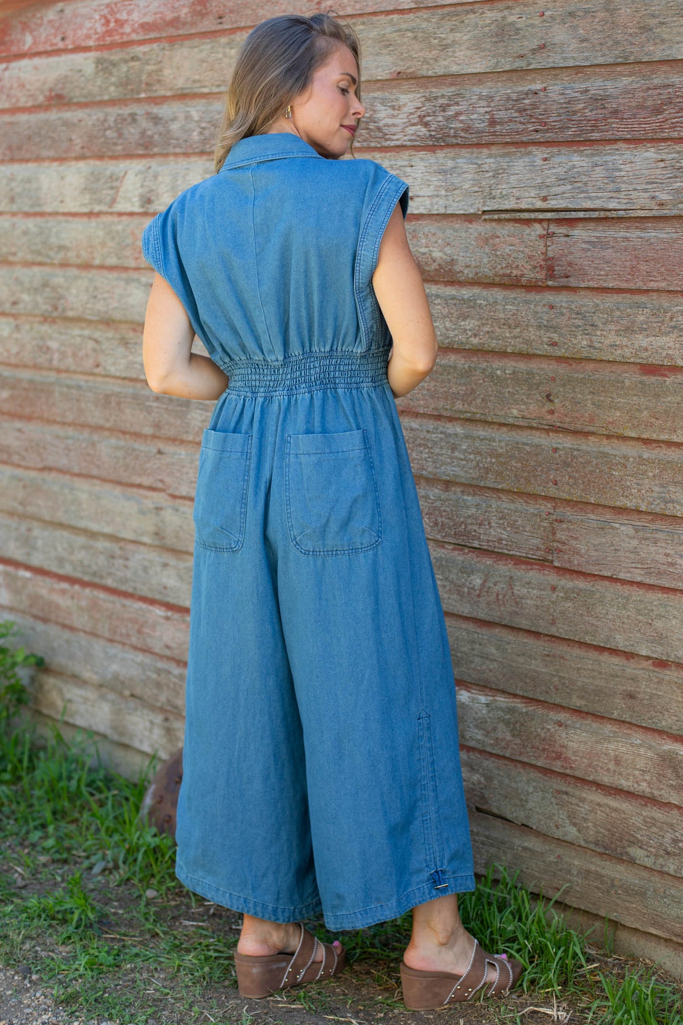 Denim Side Drawstring Hem Detail Jumpsuit