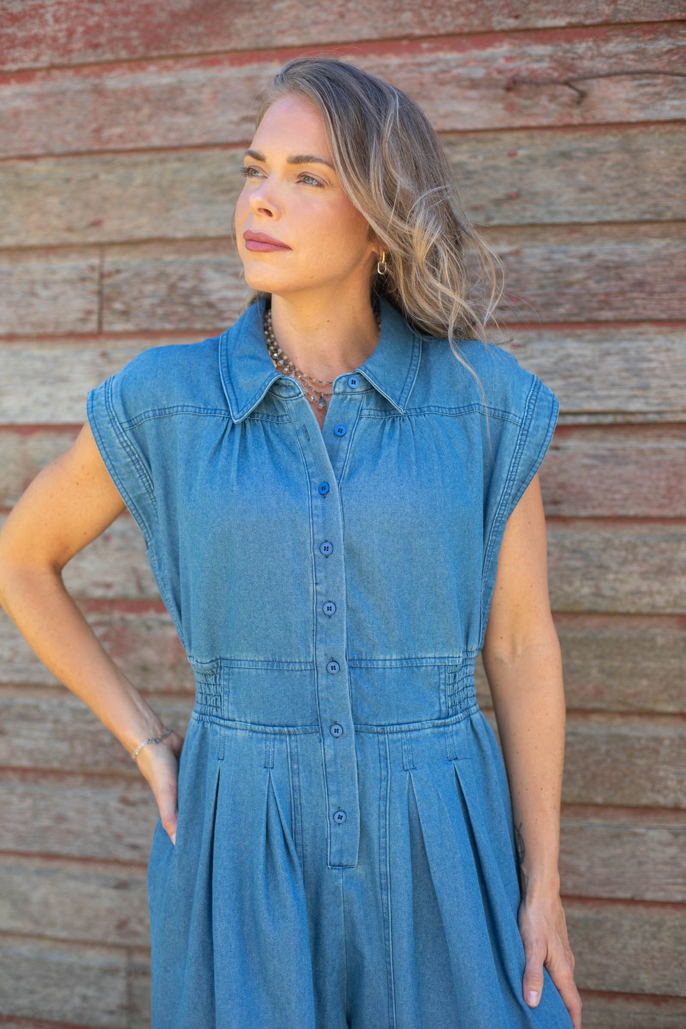 Denim Side Drawstring Hem Detail Jumpsuit