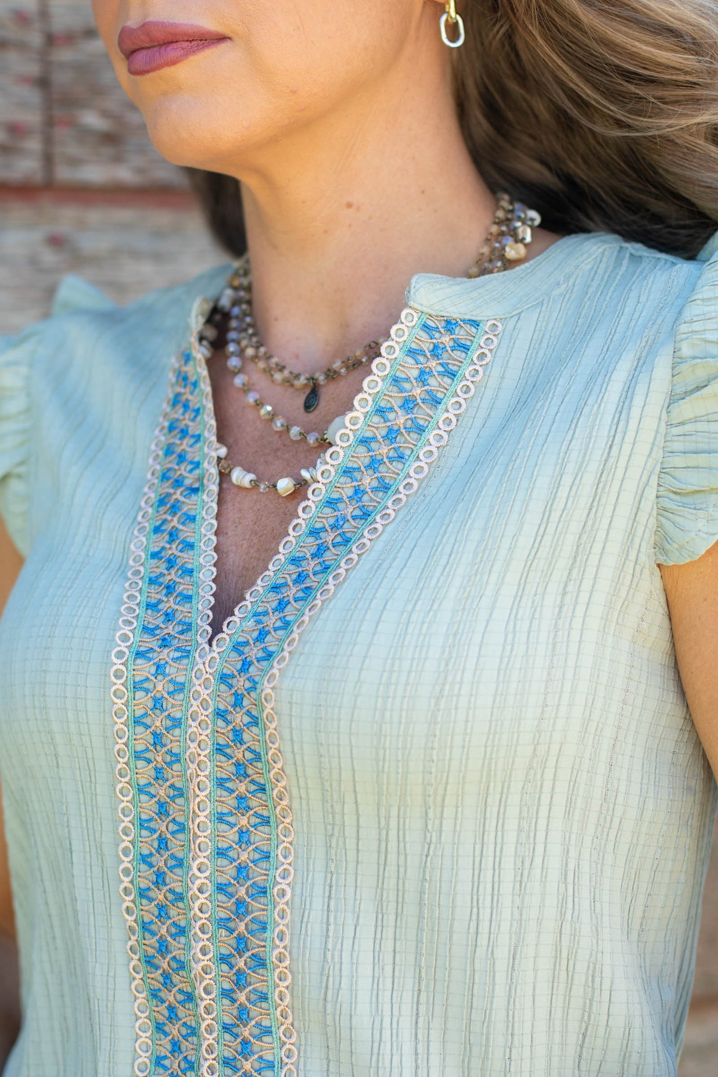 Light Sage Embroidered Front Split Neck Woven Top