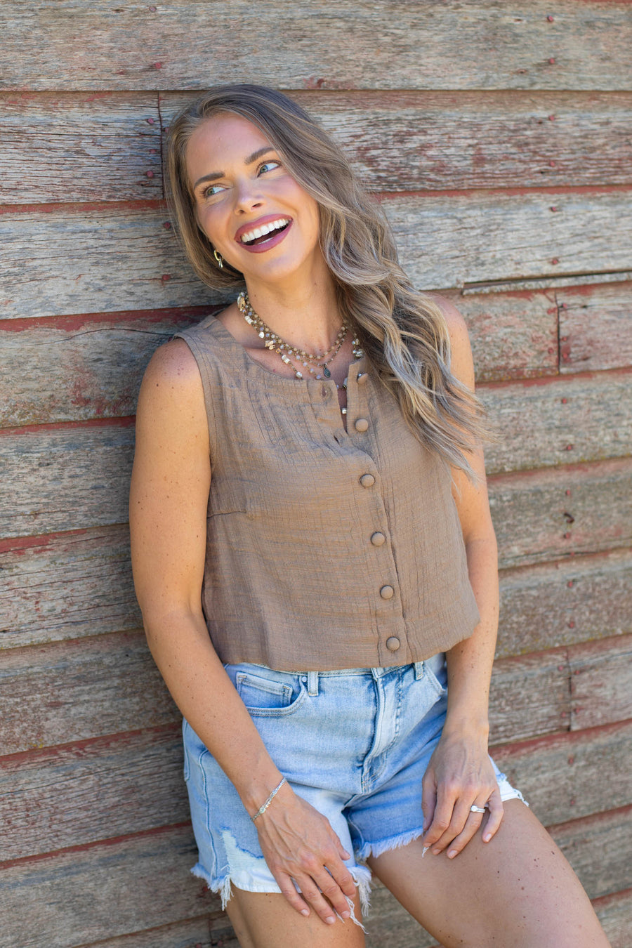 Mocha Textured Button Down Sleeveless Top