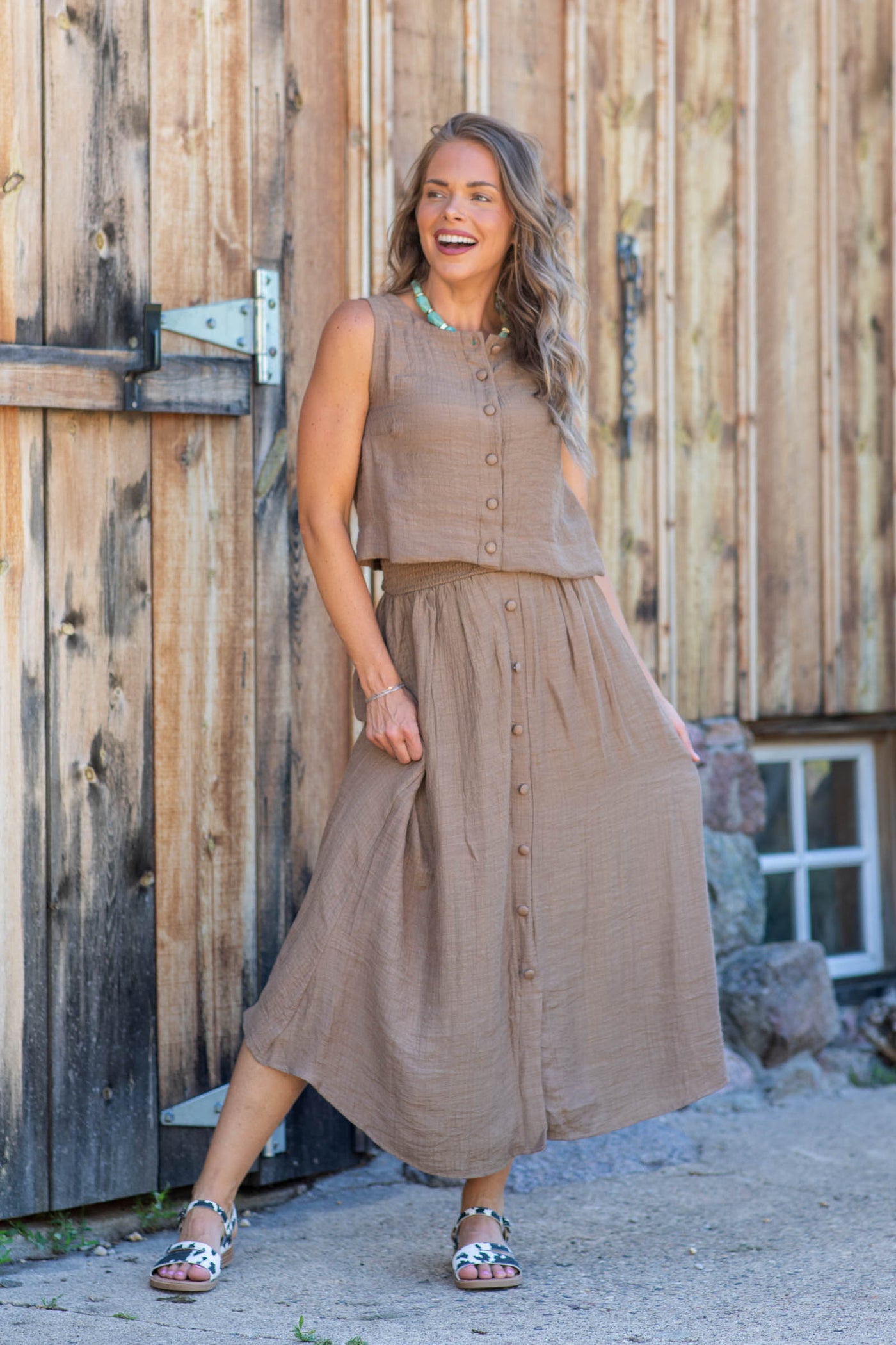 Mocha Smocked Waist Faux Button Midi Skirt