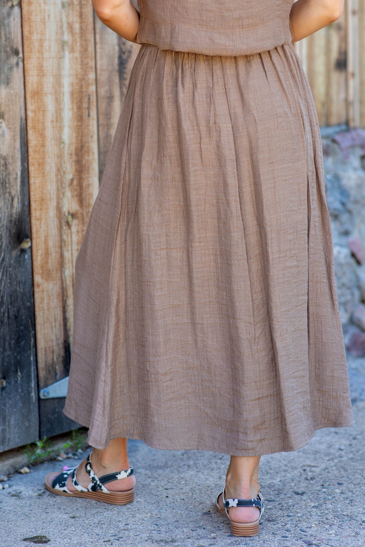 Mocha Smocked Waist Faux Button Midi Skirt