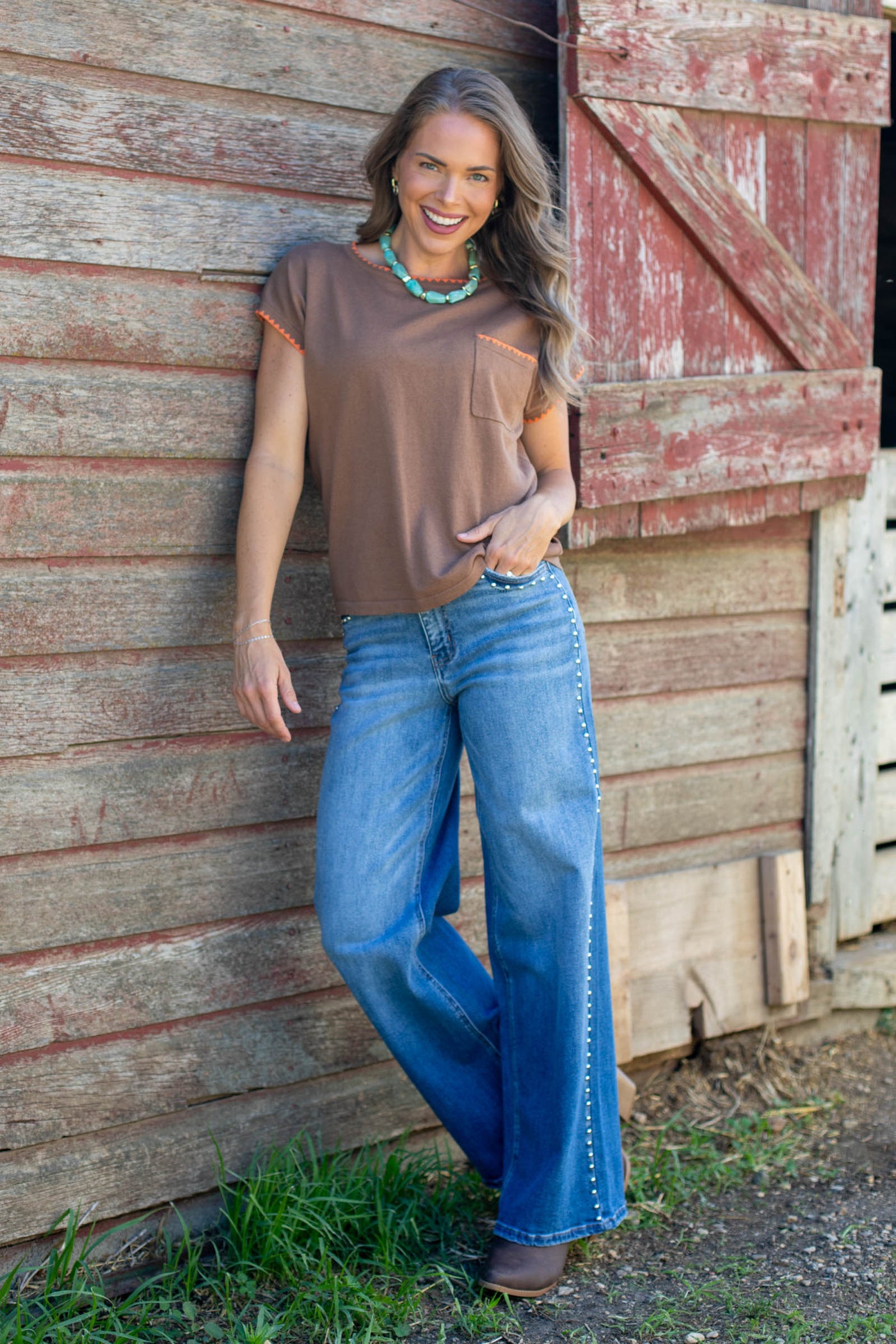 Staccato Mocha With Orange Blanket Stitch Sweater Top