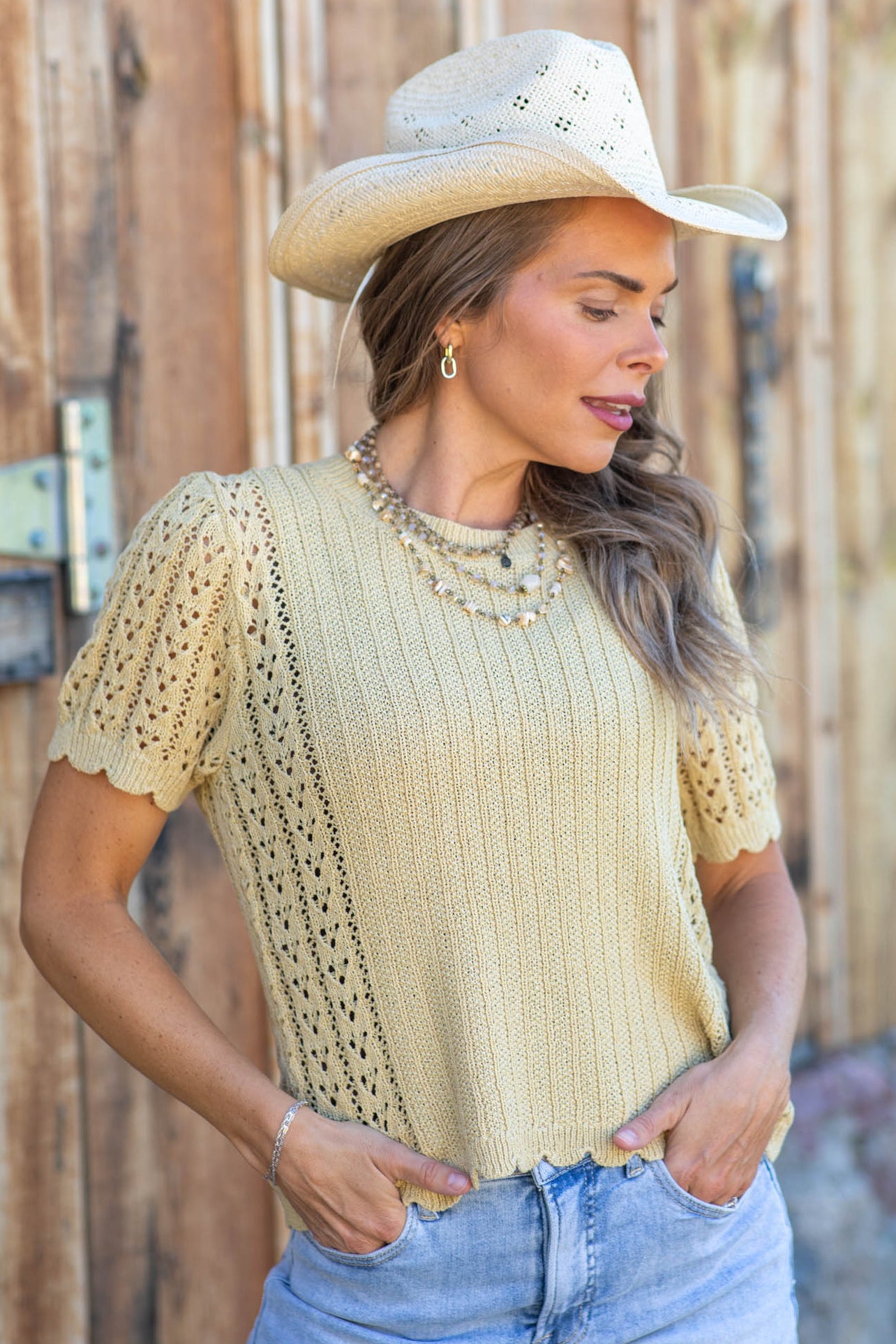 Dusty Yellow Pointelle Sweater Top WIth Scallop Edge
