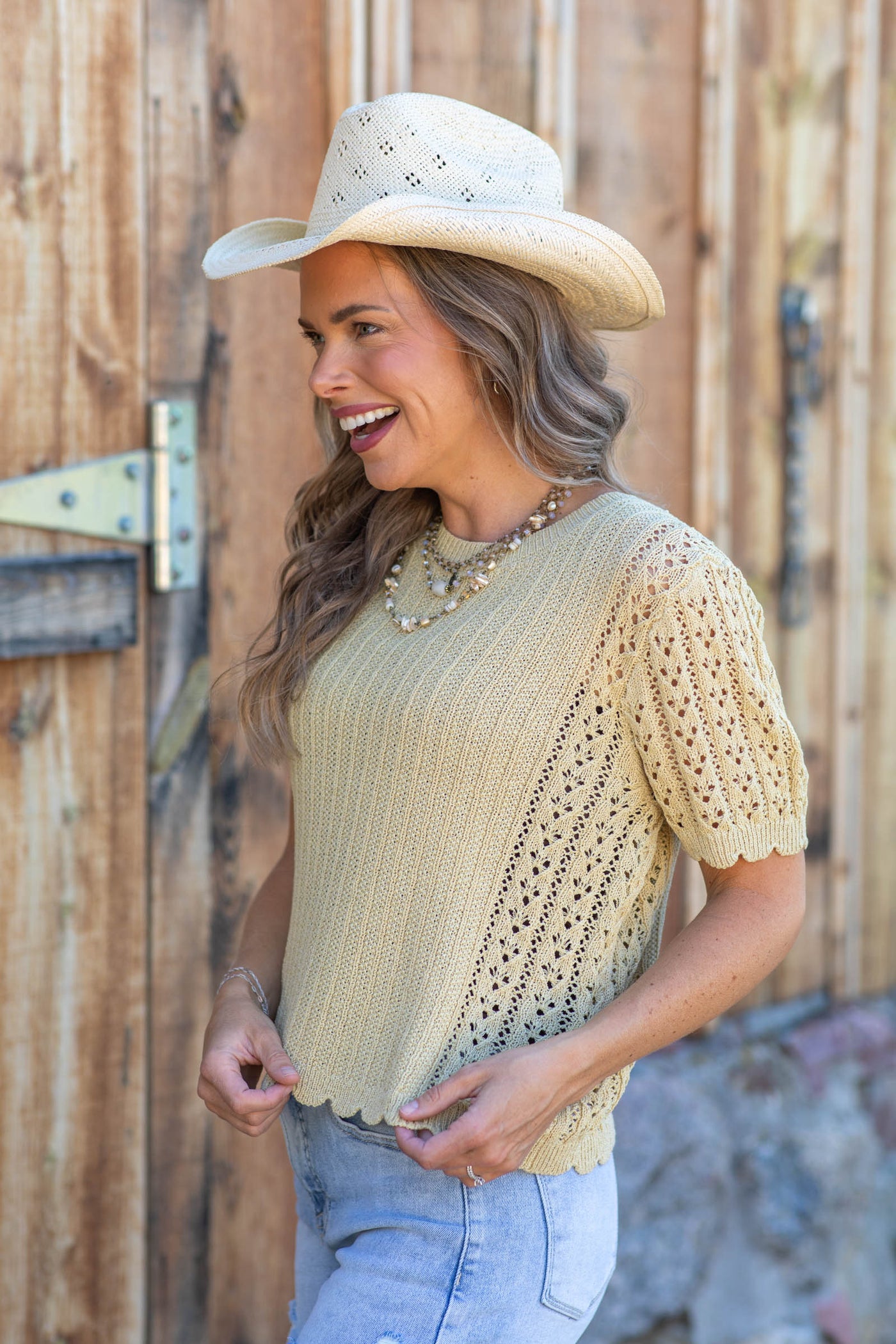 Dusty Yellow Pointelle Sweater Top WIth Scallop Edge
