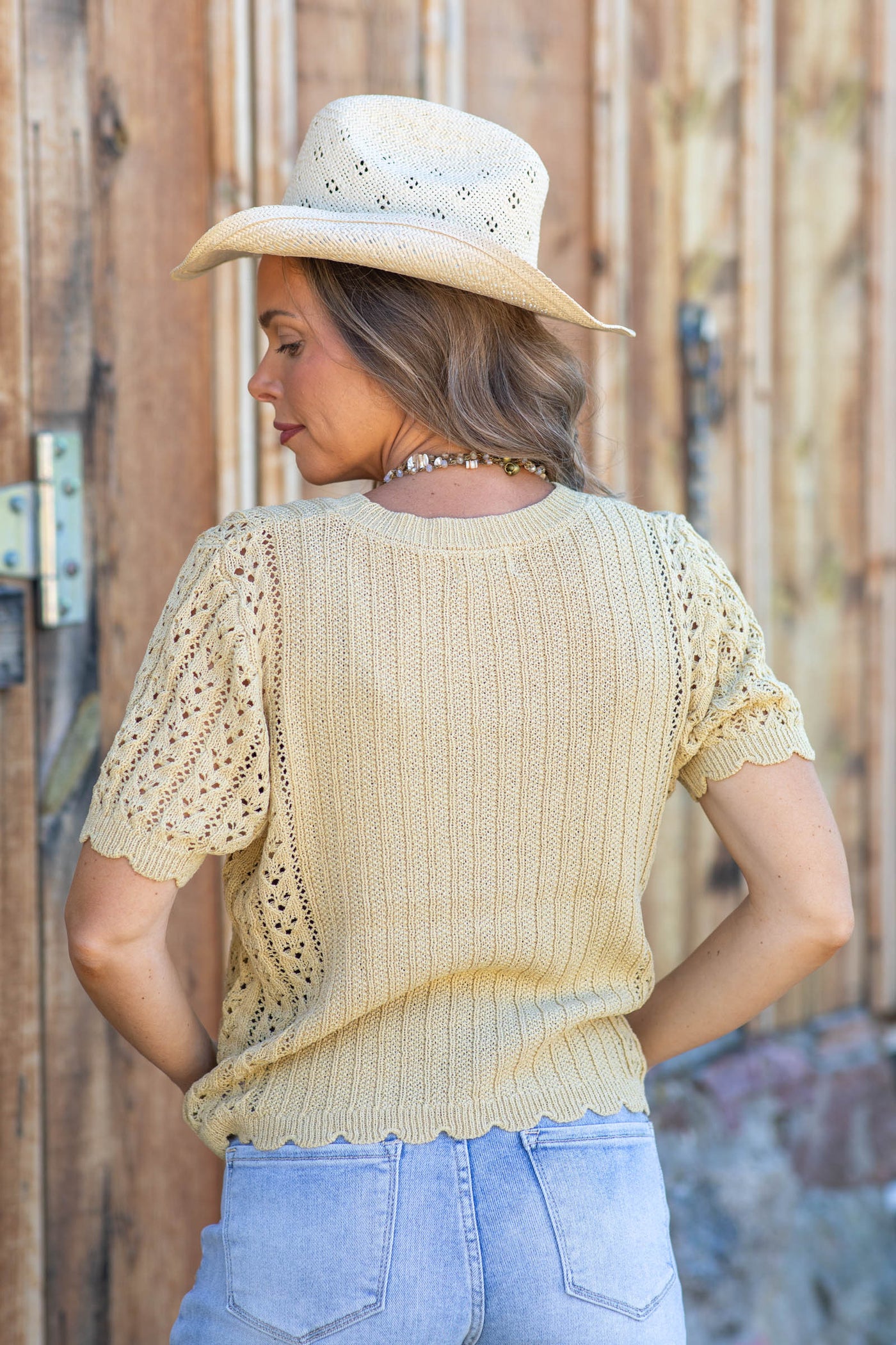 Dusty Yellow Pointelle Sweater Top WIth Scallop Edge