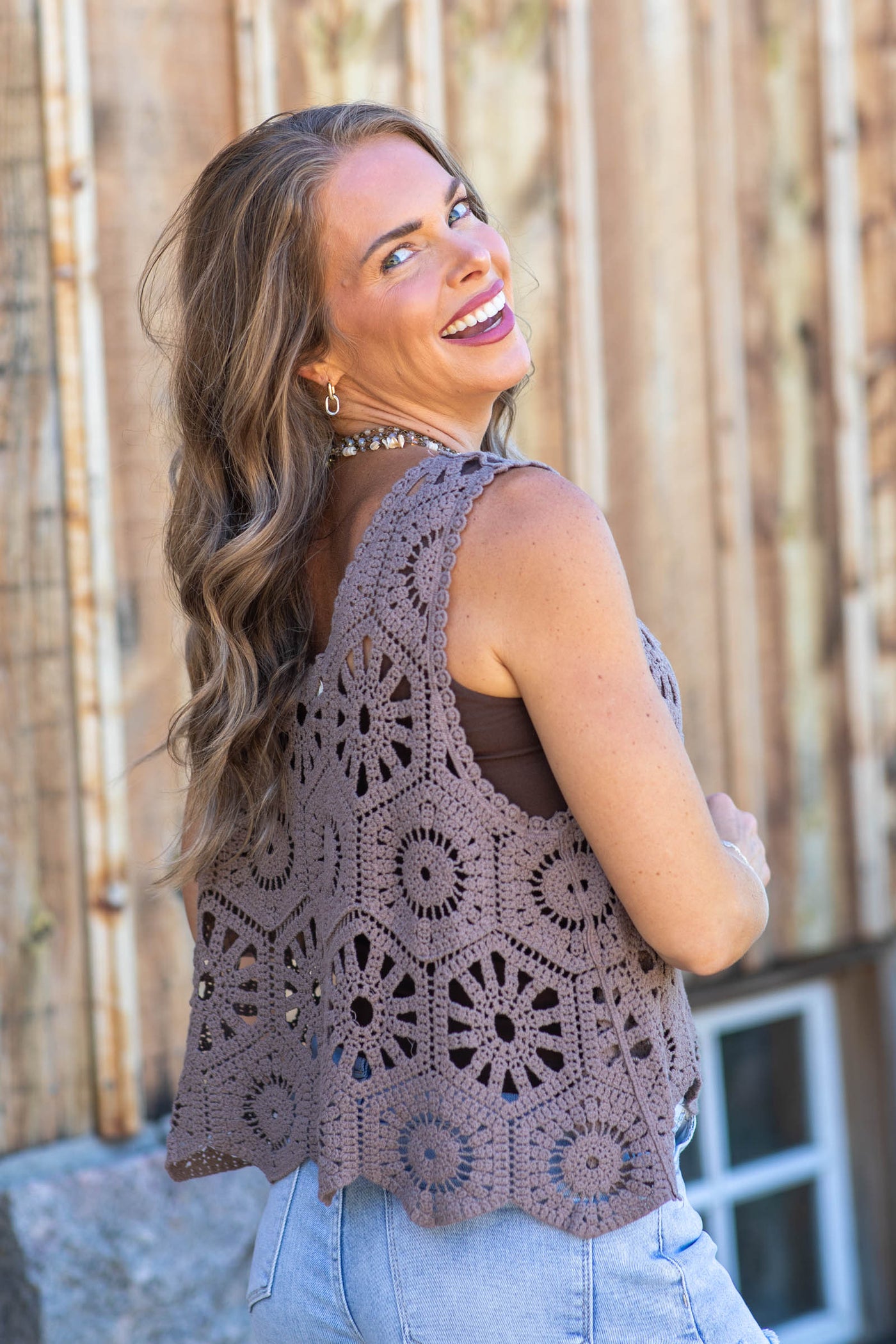 Mocha Casual Crochet Knit Tank Top