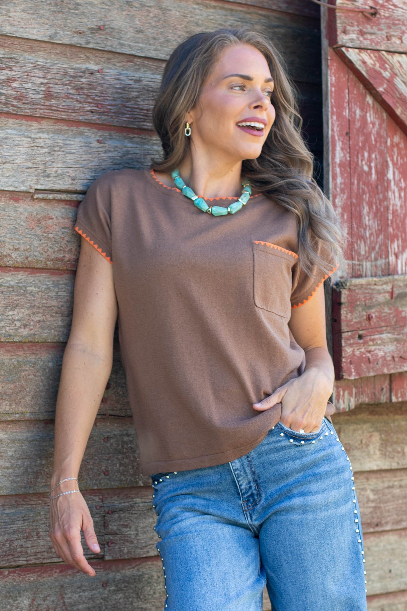Staccato Mocha With Orange Blanket Stitch Sweater Top