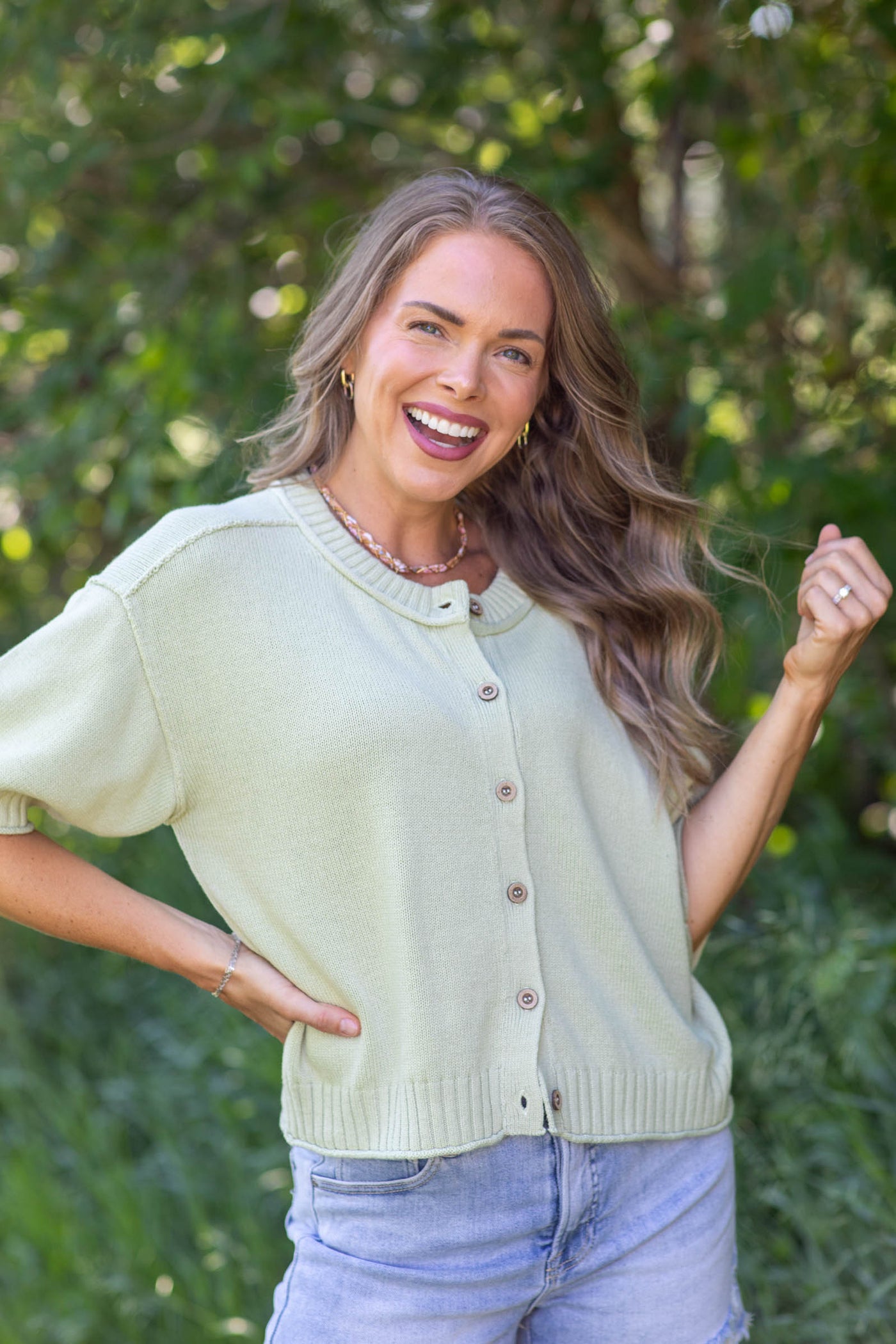 Raw Edge Detail Short Sleeve Knit Button Cardigan