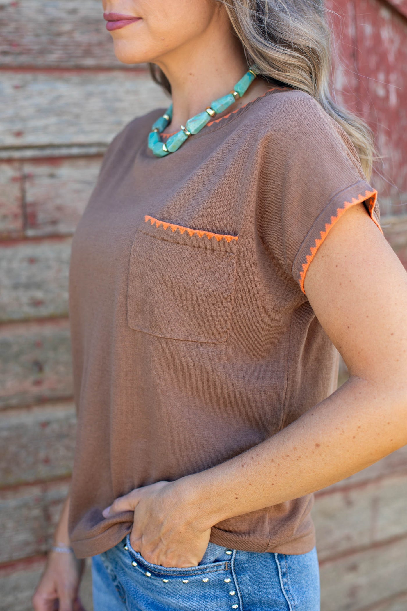 Staccato Mocha With Orange Blanket Stitch Sweater Top