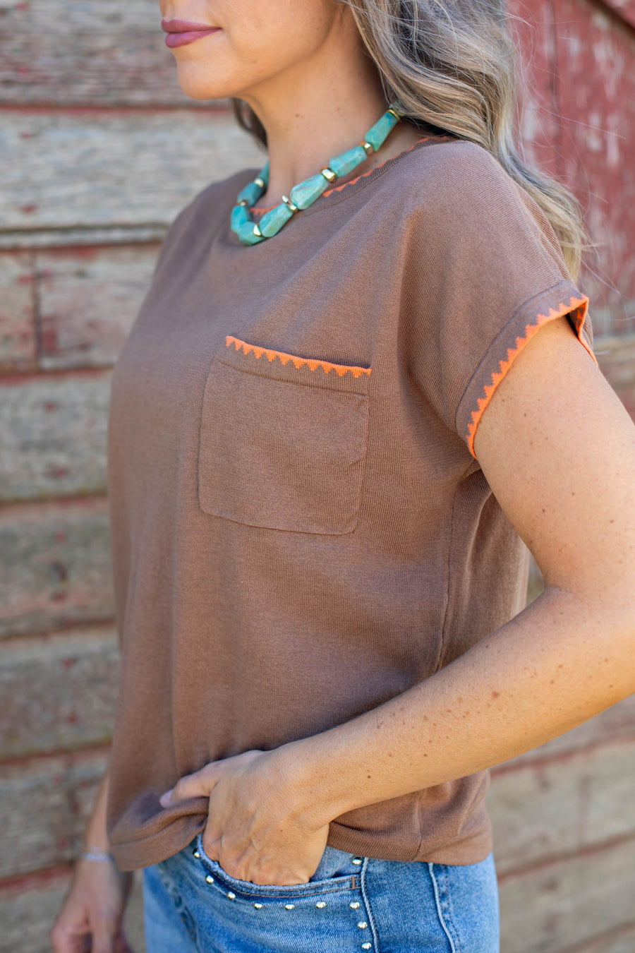 Staccato Mocha With Orange Blanket Stitch Sweater Top