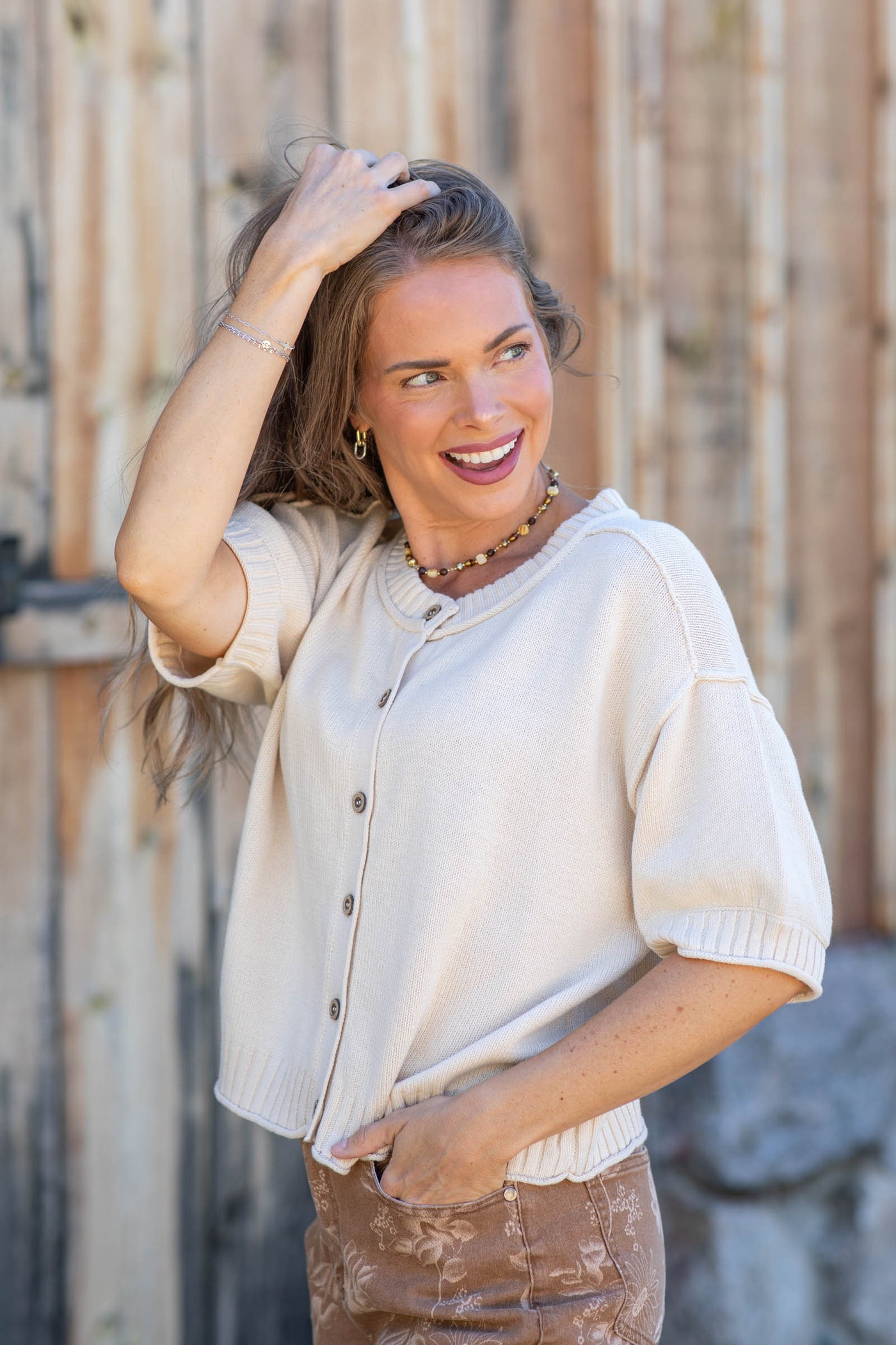 Raw Edge Detail Short Sleeve Knit Button Cardigan