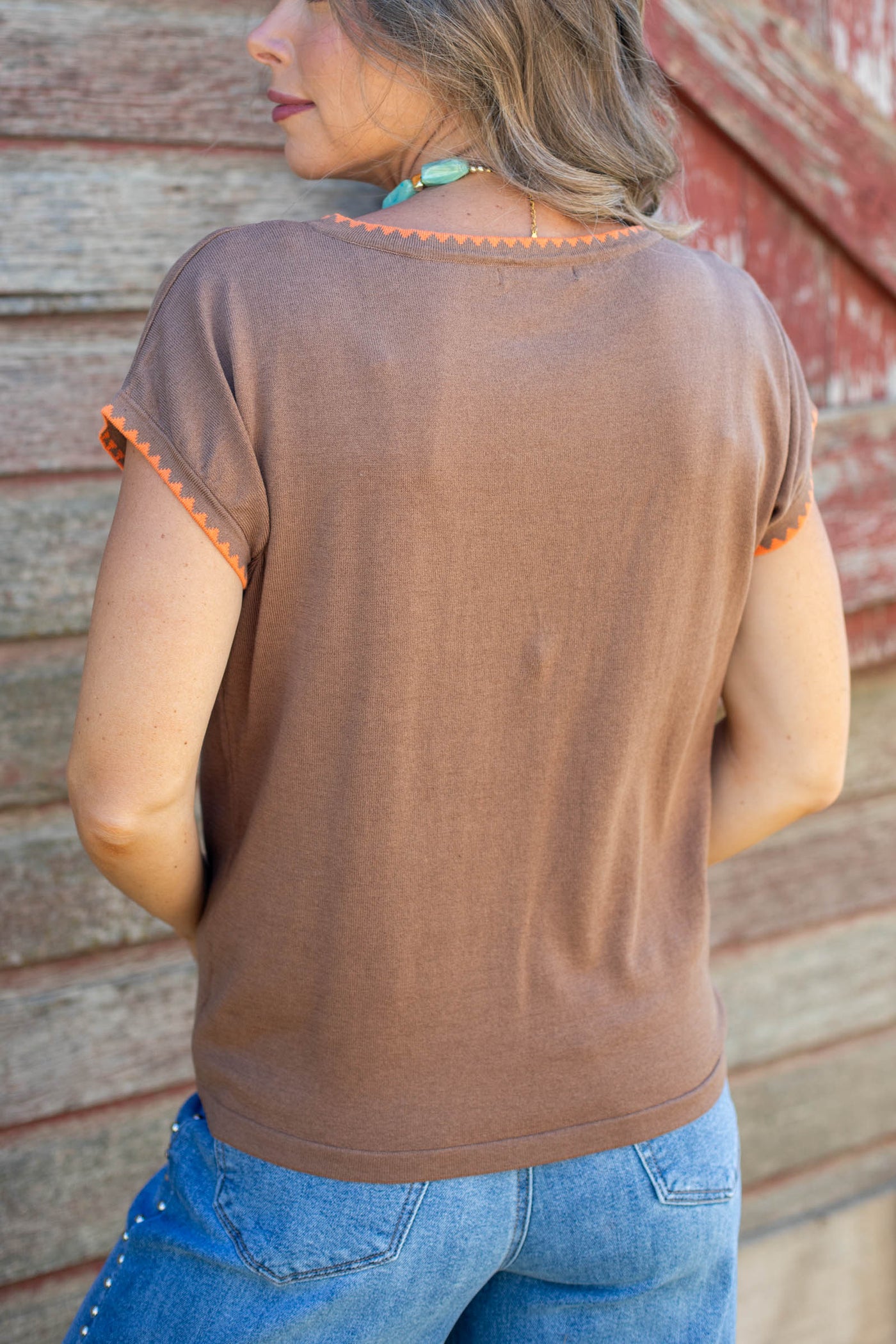 Staccato Mocha With Orange Blanket Stitch Sweater Top
