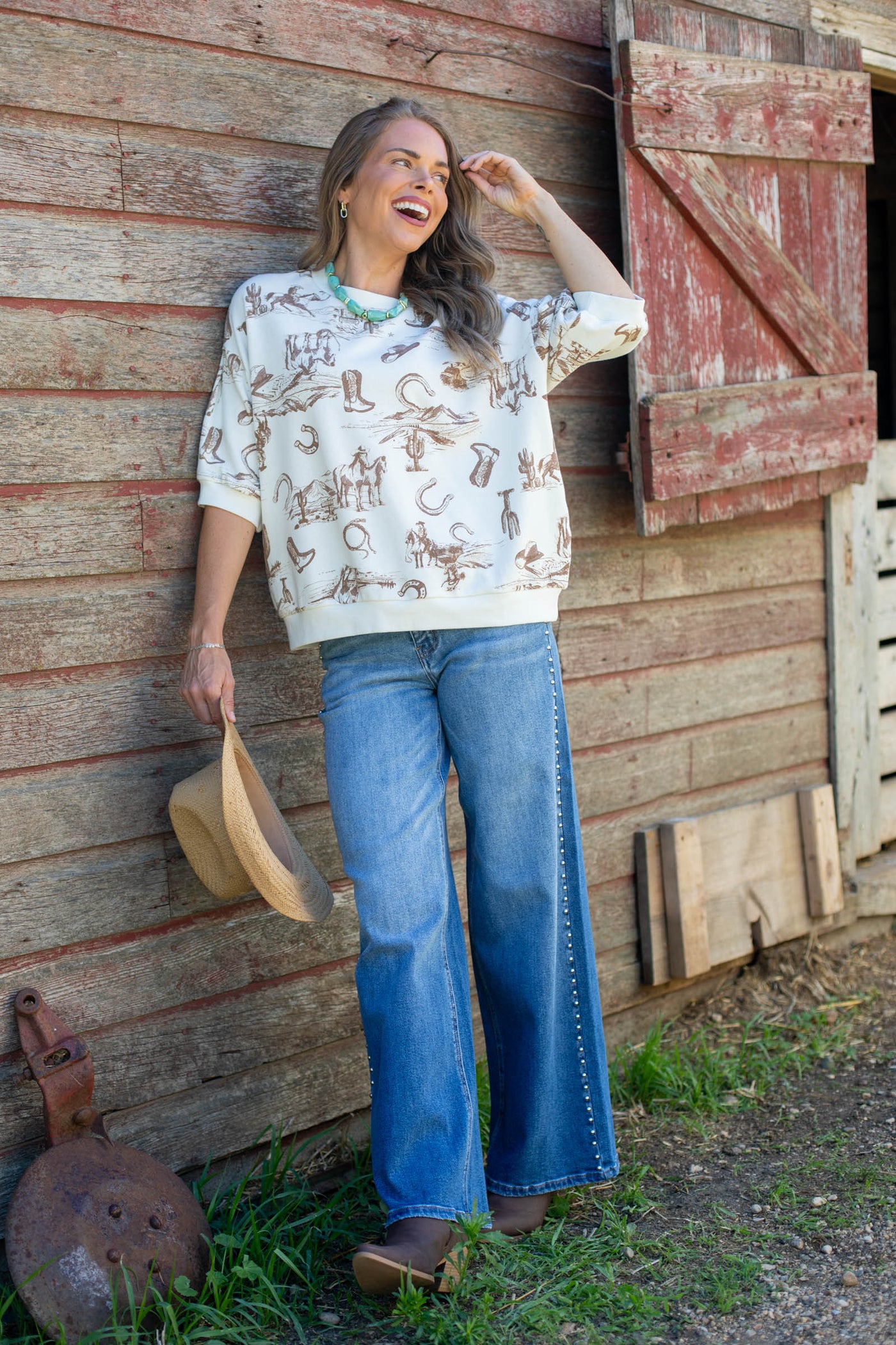 Cream Western Print Short Sleeve Knit Top