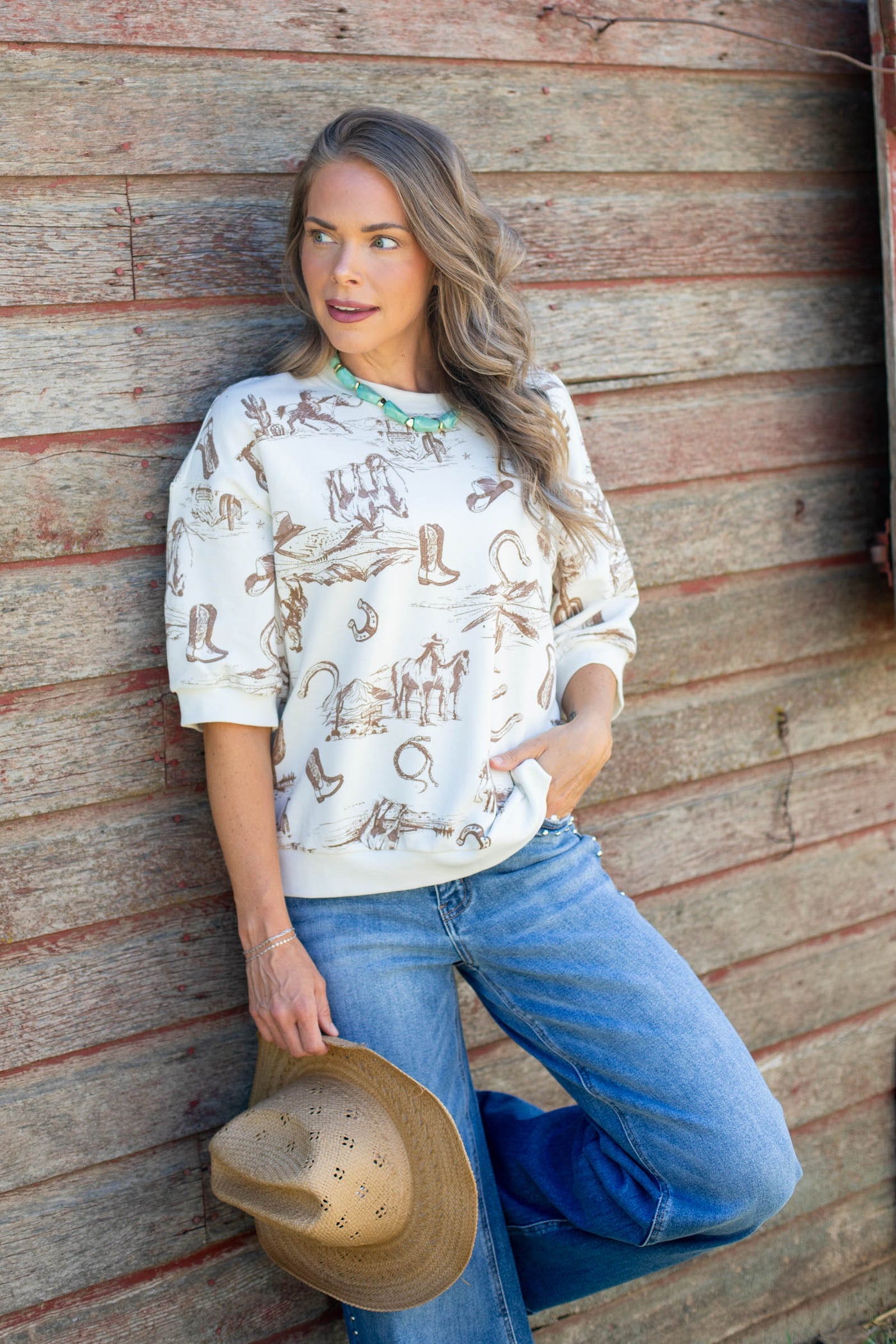 Cream Western Print Short Sleeve Knit Top