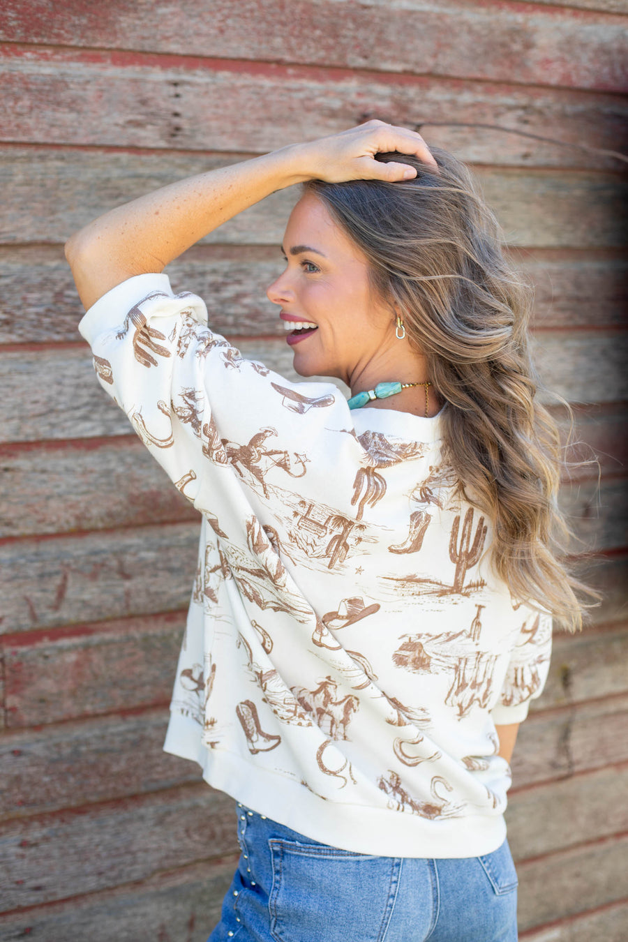Cream Western Print Short Sleeve Knit Top