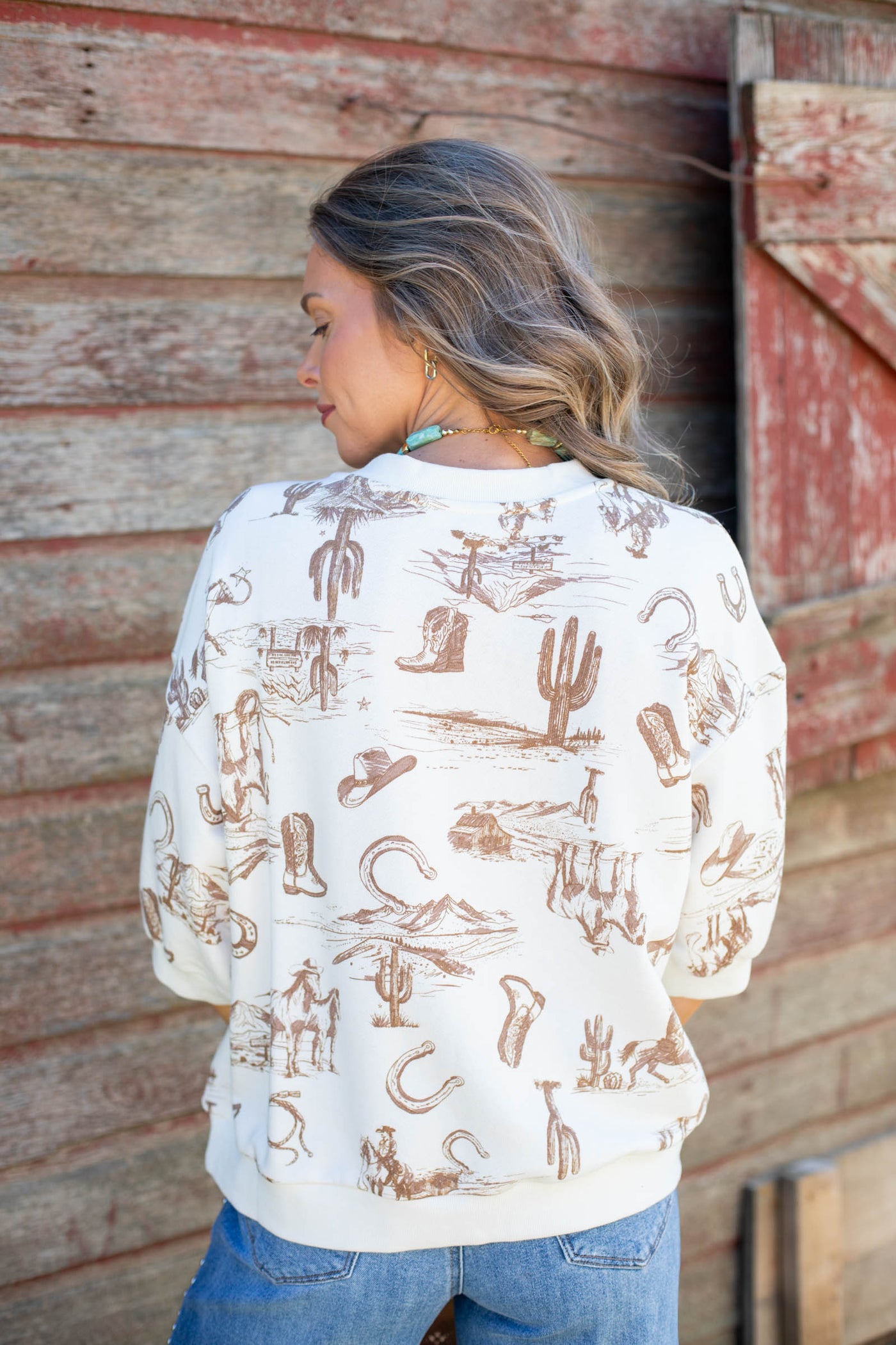 Cream Western Print Short Sleeve Knit Top