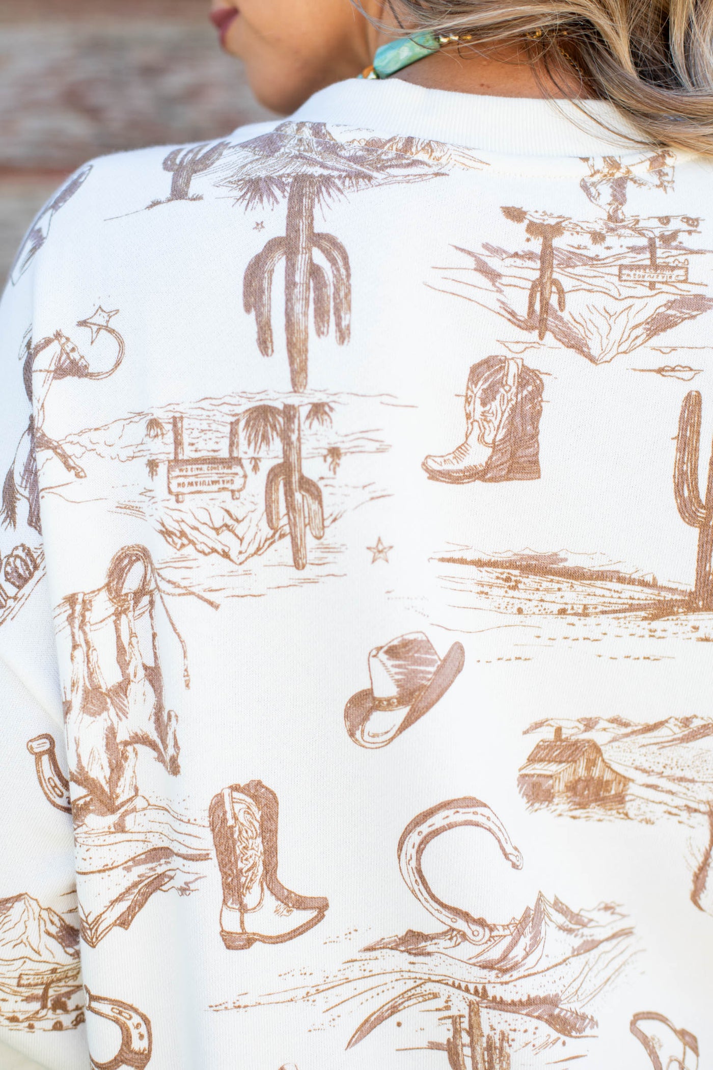 Cream Western Print Short Sleeve Knit Top