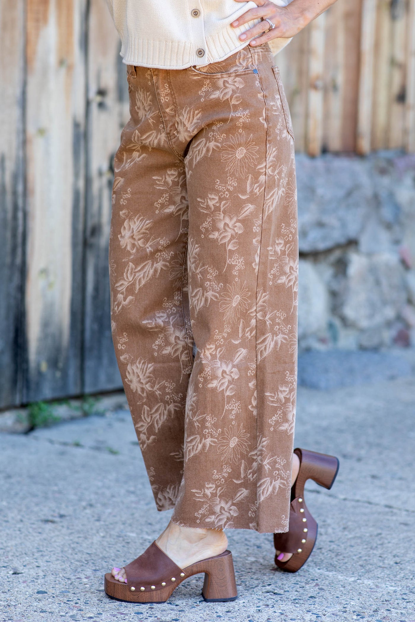Camel All-Over Floral Print Wide Leg Jeans
