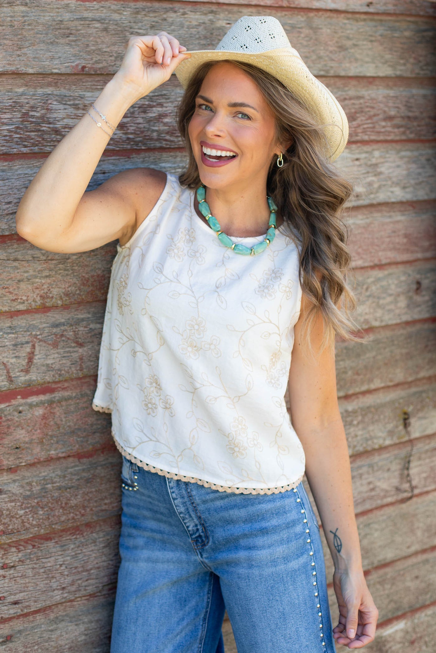 Cream Embroidered Floral Lace Trim Top