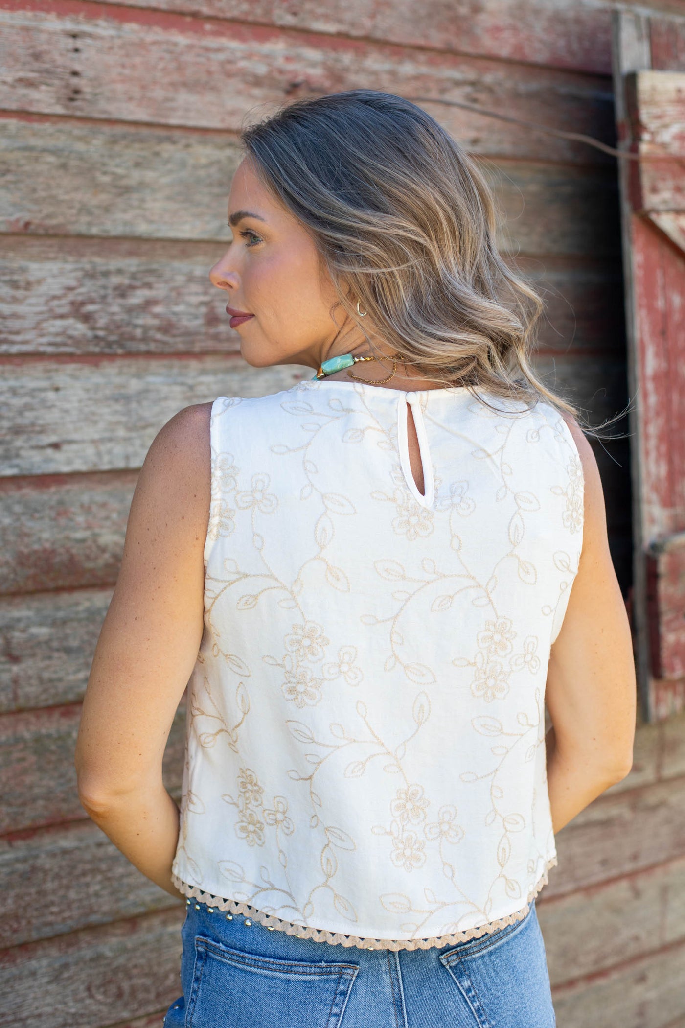 Cream Embroidered Floral Lace Trim Top