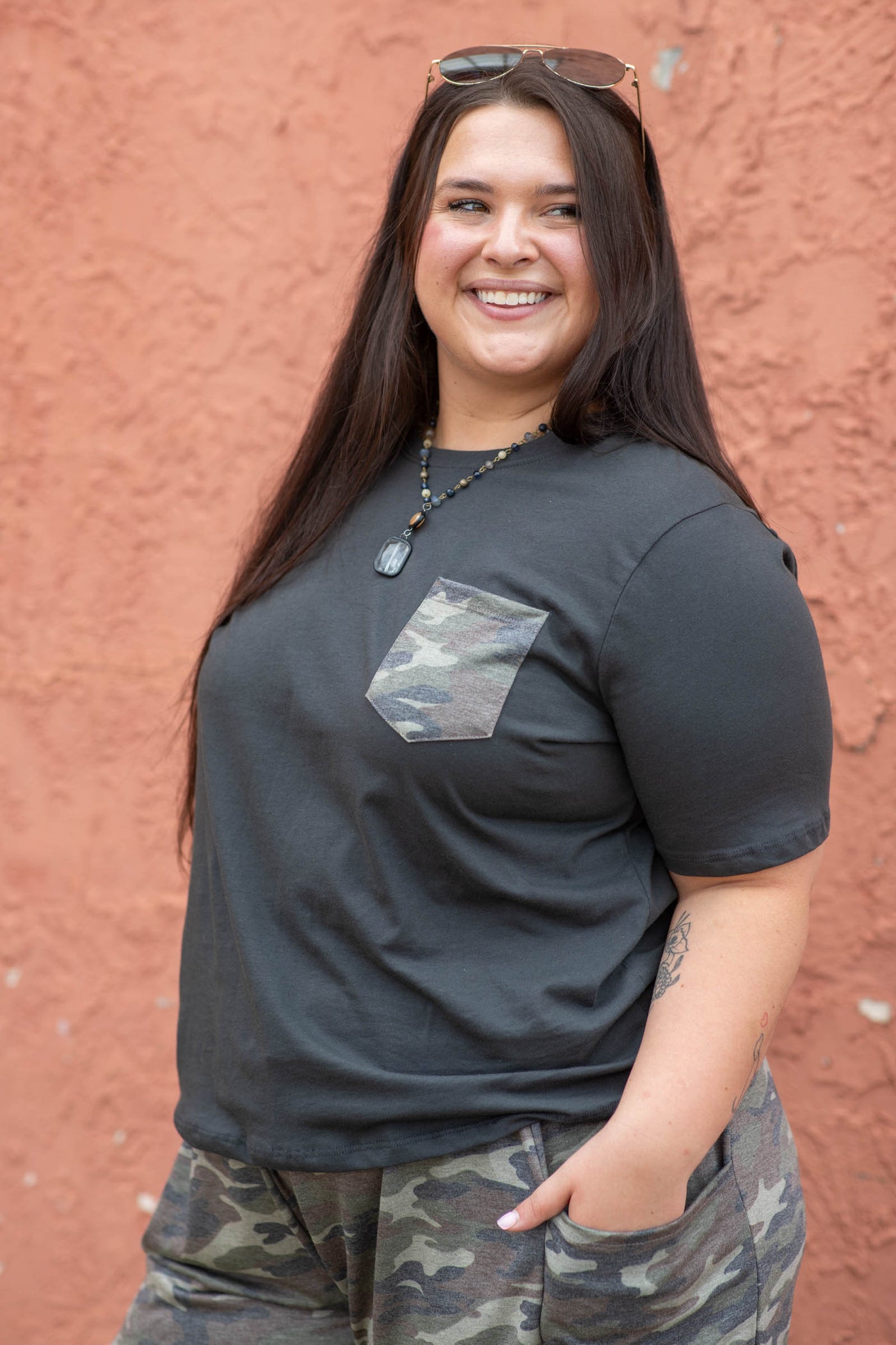 Cotton Short Sleeve Tee With Camo Pocket by Filly Flair