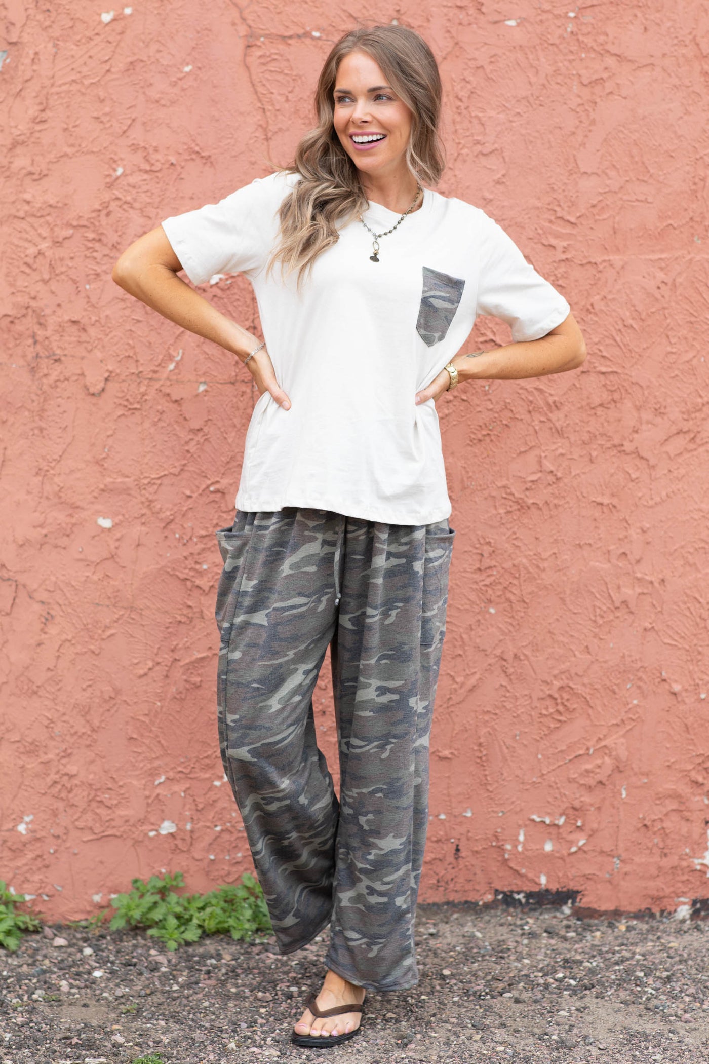 Cotton Short Sleeve Tee With Camo Pocket by Filly Flair