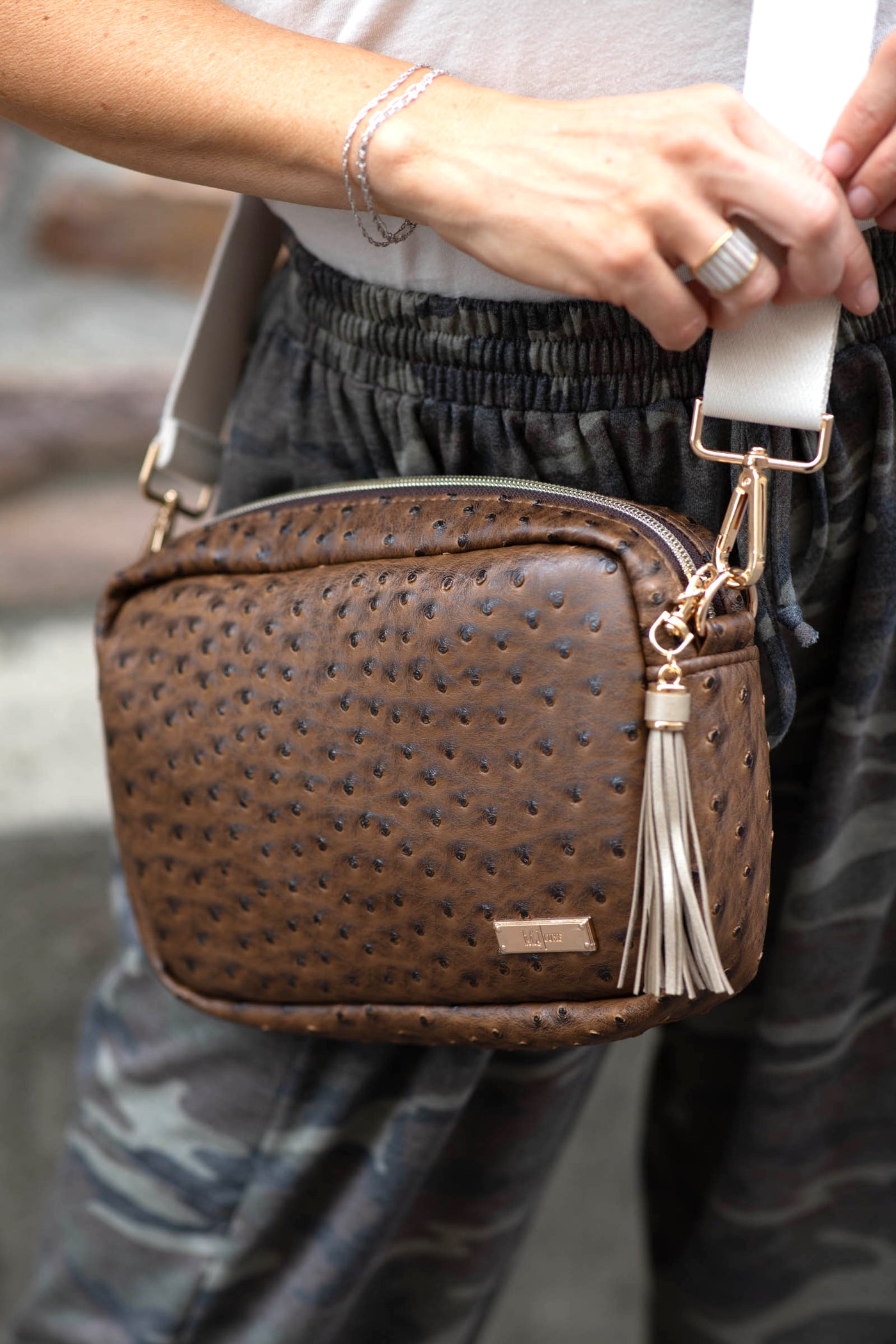 Filly Flair x Makeup Junkie Brown Ostrich Uptown Crossbody Bag