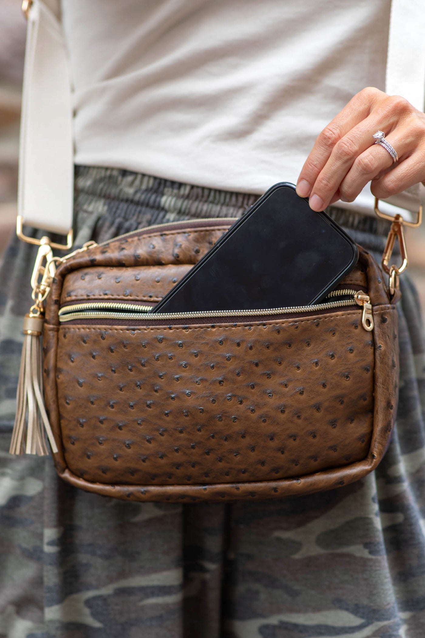 Filly Flair x Makeup Junkie Brown Ostrich Uptown Crossbody Bag
