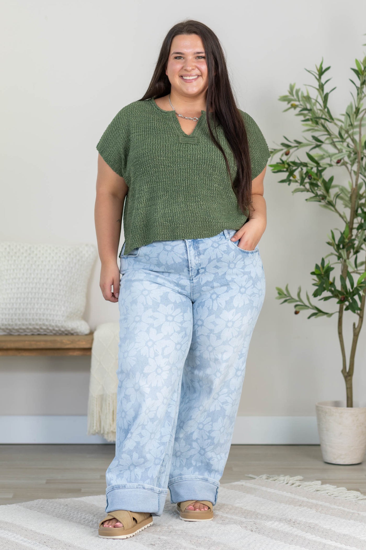 Risen Light Wash Wide Baggy Floral Print Jeans
