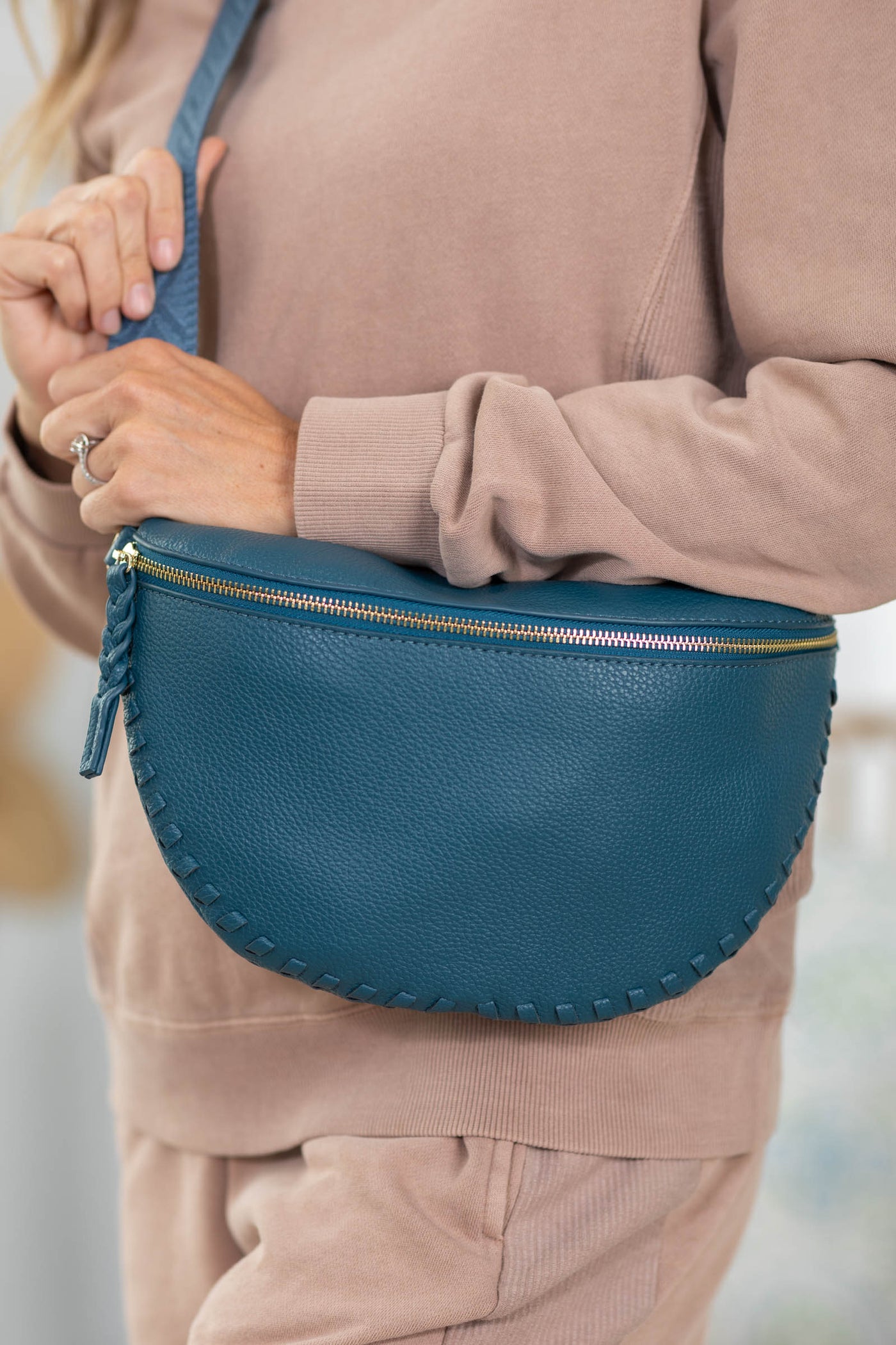 Teal Whipstitch Crossbody Sling Bag