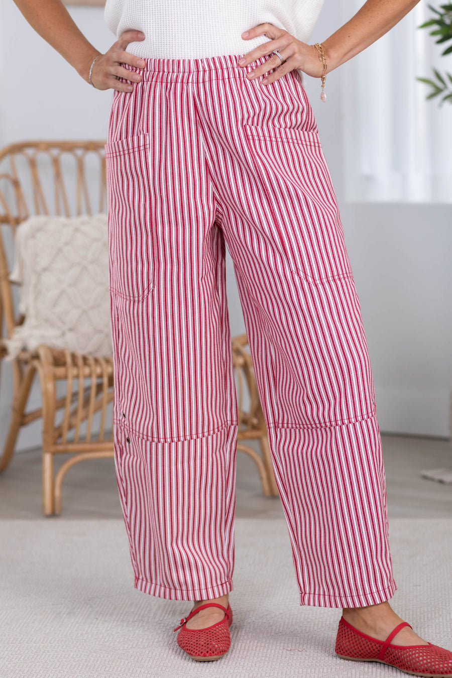 Red Stripe Pocket Detail Wide Leg Pants