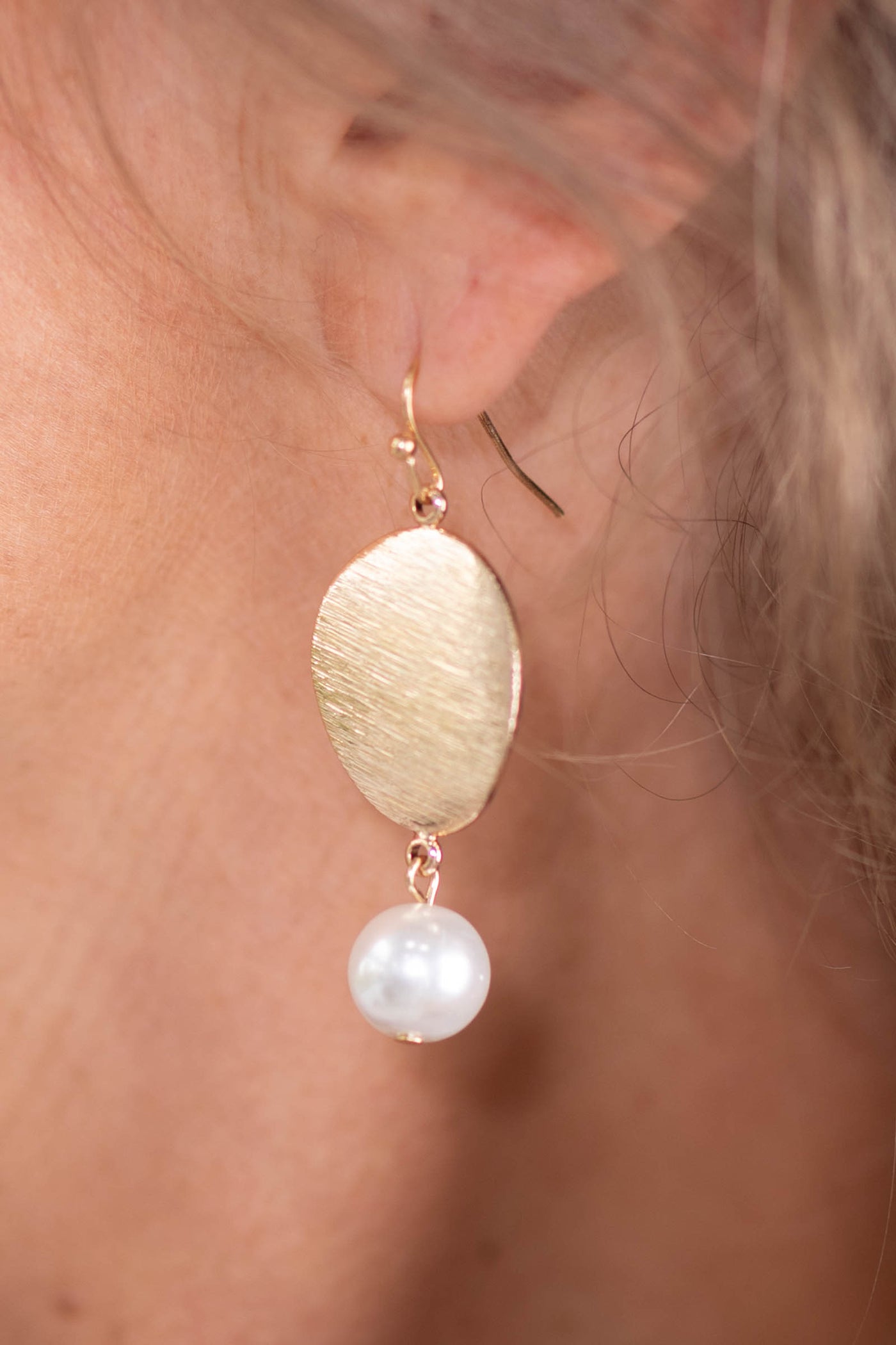 Gold Brushed Oval And Pearl Drop Earrings