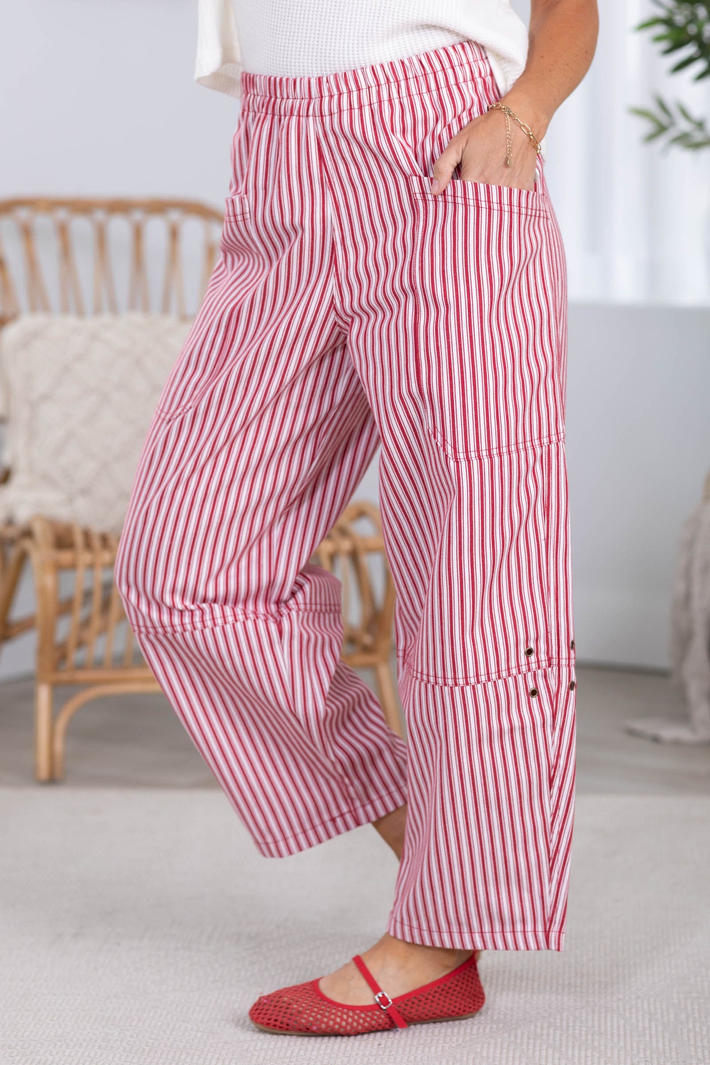 Red Stripe Pocket Detail Wide Leg Pants