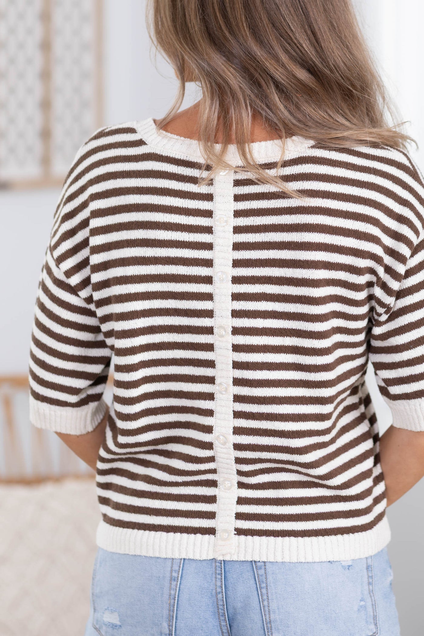 Stripe Contrast Trim Short Sleeve Knit Sweater Top