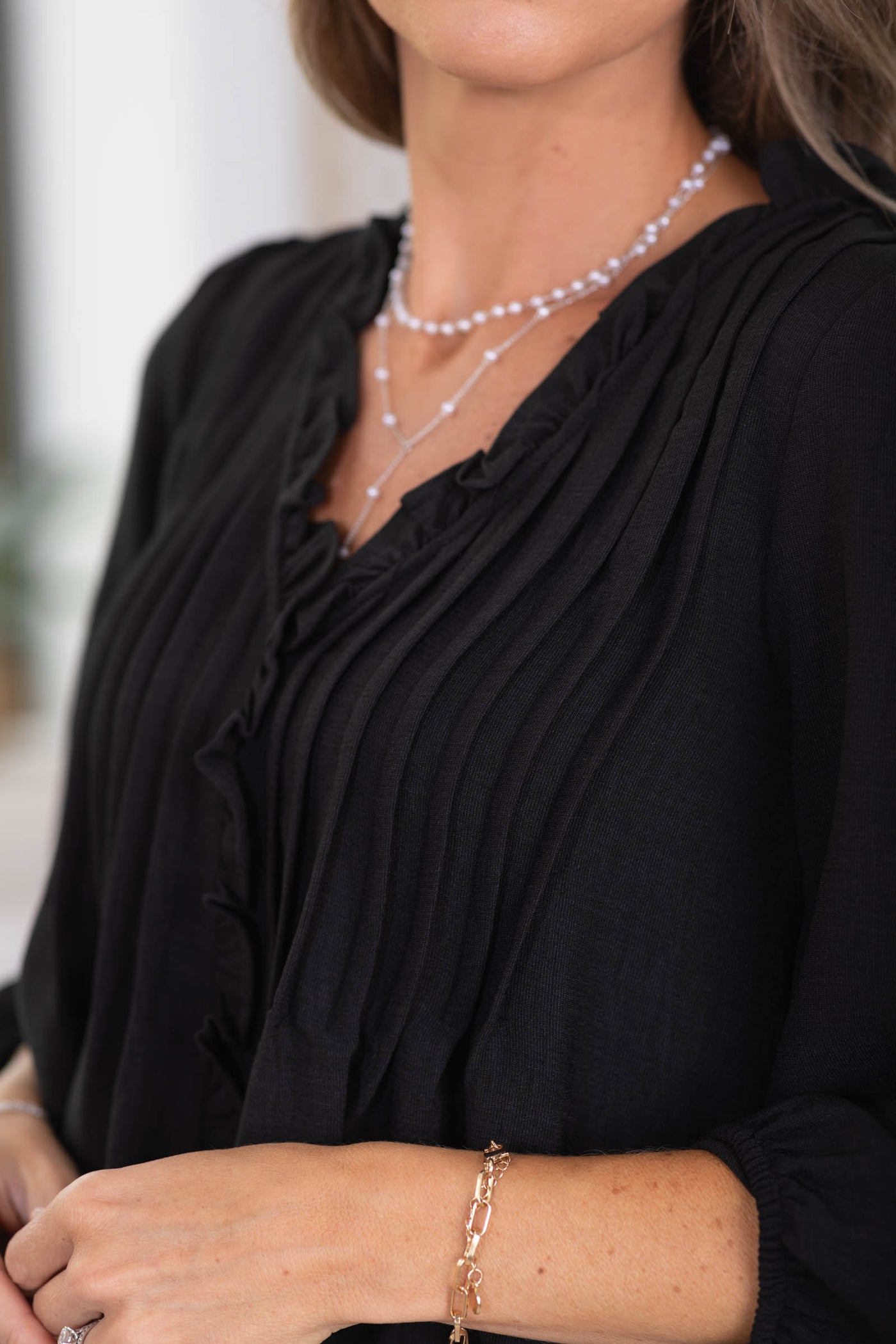 Black Woven Front Pleated Top