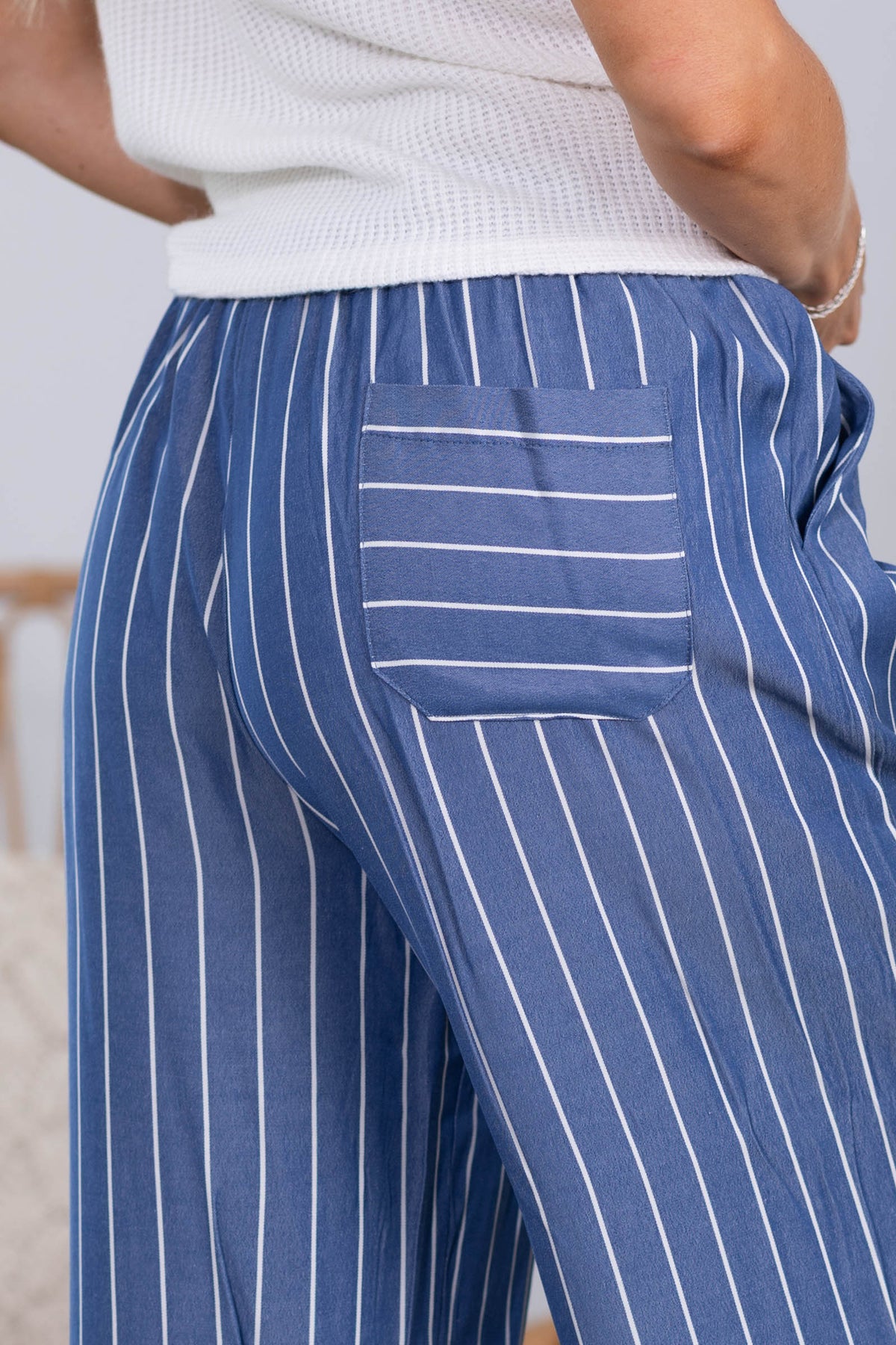 Blue High Waist Stripe Wide Leg Pants