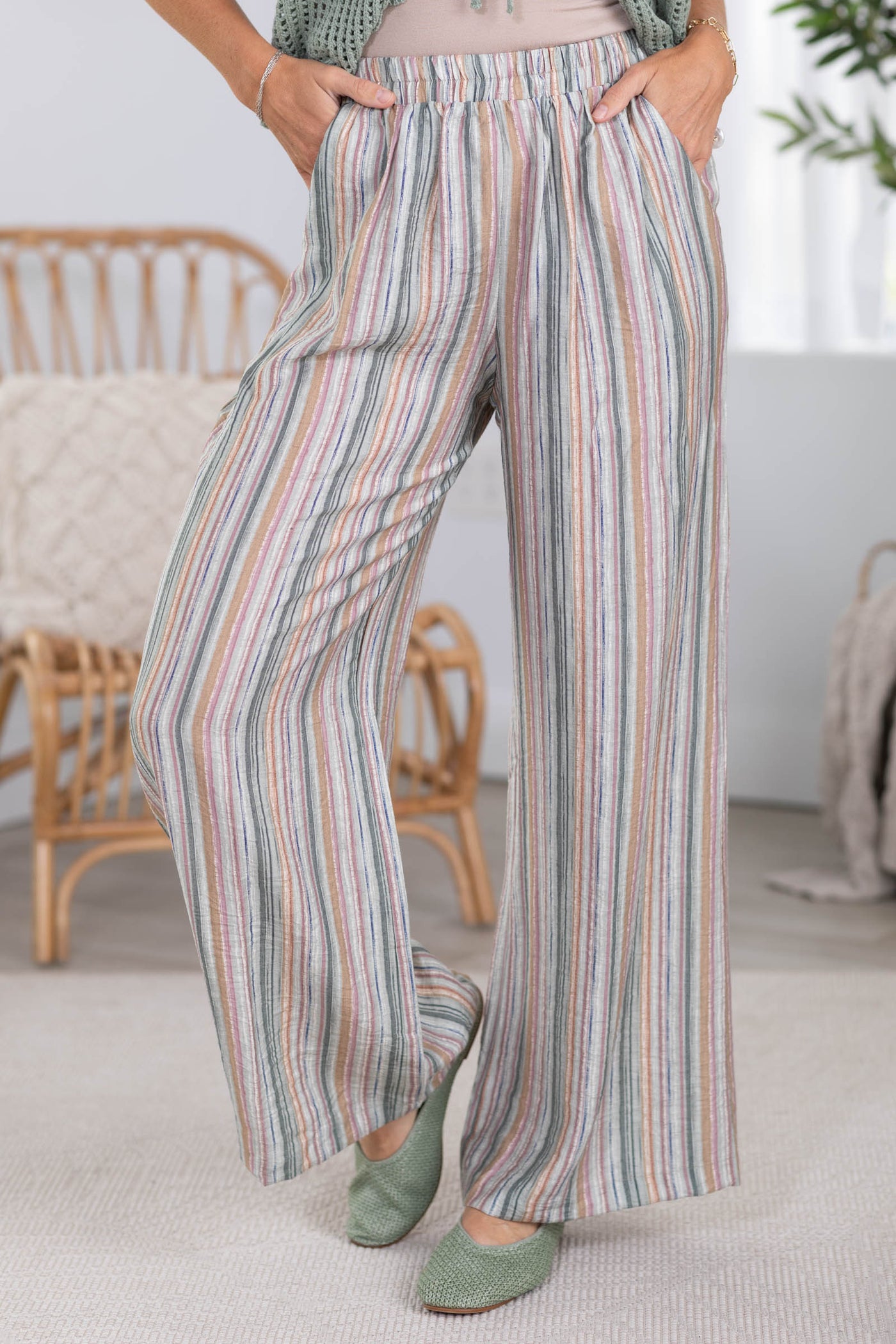 Multicolor Stripe Elastic Waist Pants