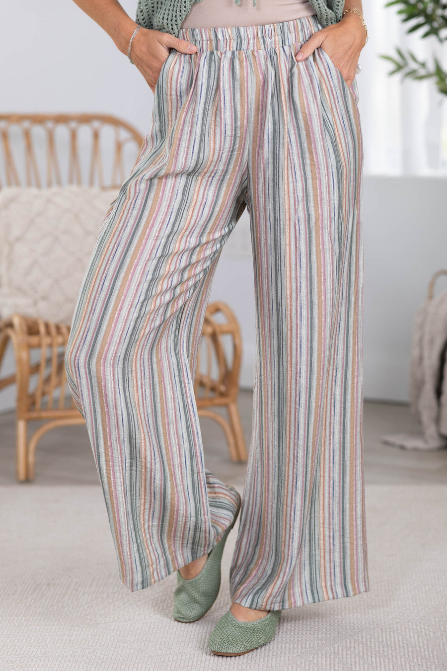 Multicolor Stripe Elastic Waist Pants