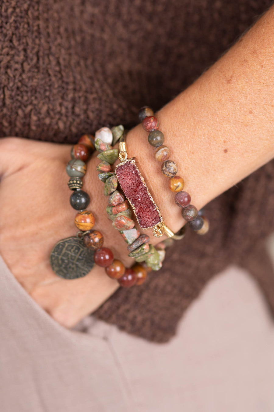 Natural Stone Beaded Bronze Coin Bracelet Set