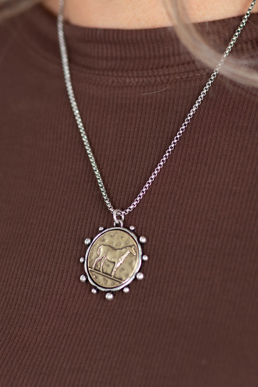 Silver Metal Tone Medallion Horse Pendant Necklace