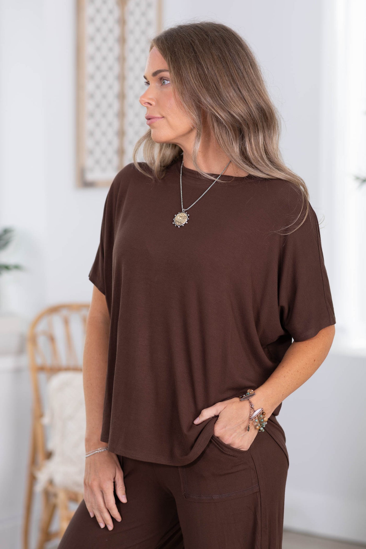 Light Ribbed Relaxed Top And Pants Set