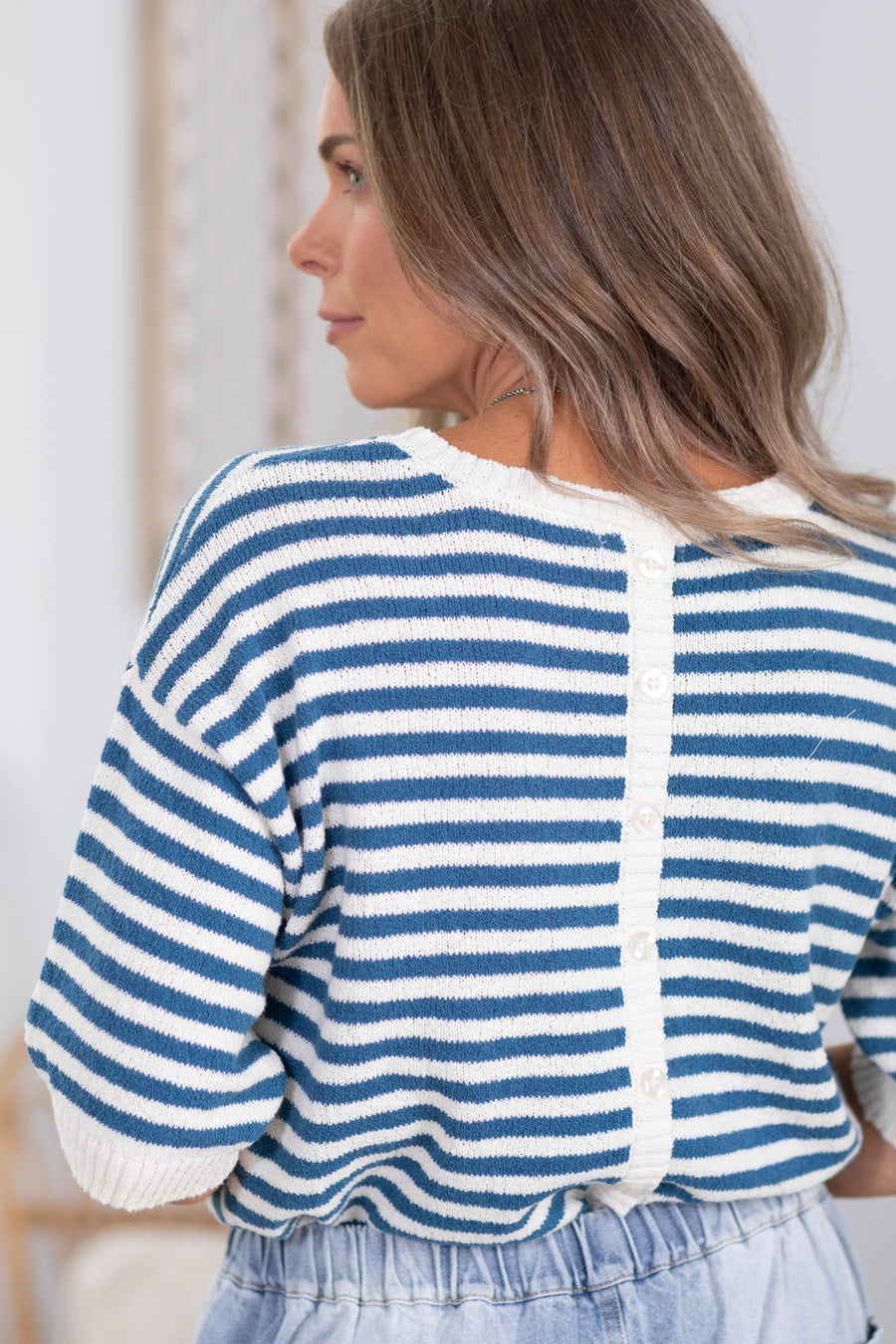 Stripe Contrast Trim Short Sleeve Knit Sweater Top