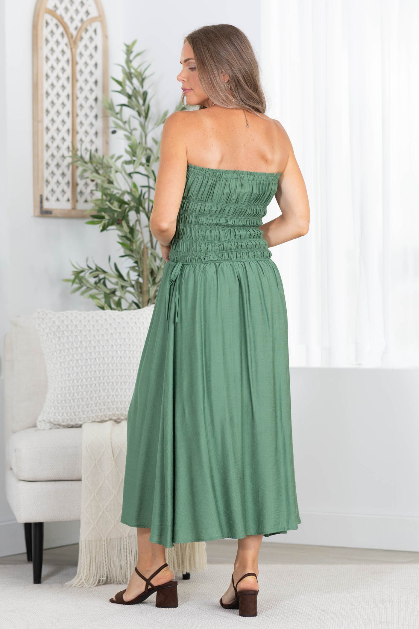 Olive Strapless Shirred Side Tie Detail Midi Dress