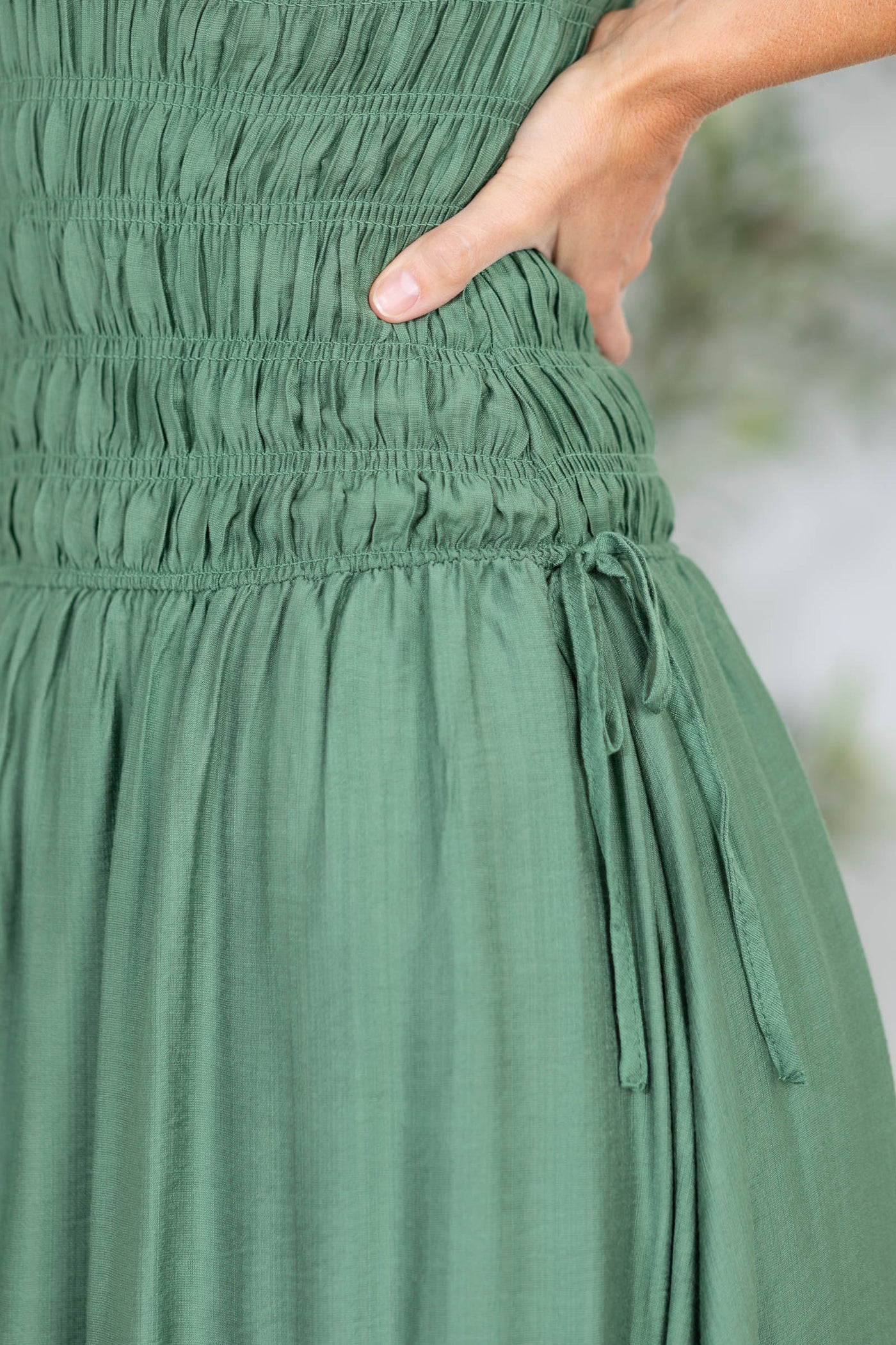 Olive Strapless Shirred Side Tie Detail Midi Dress