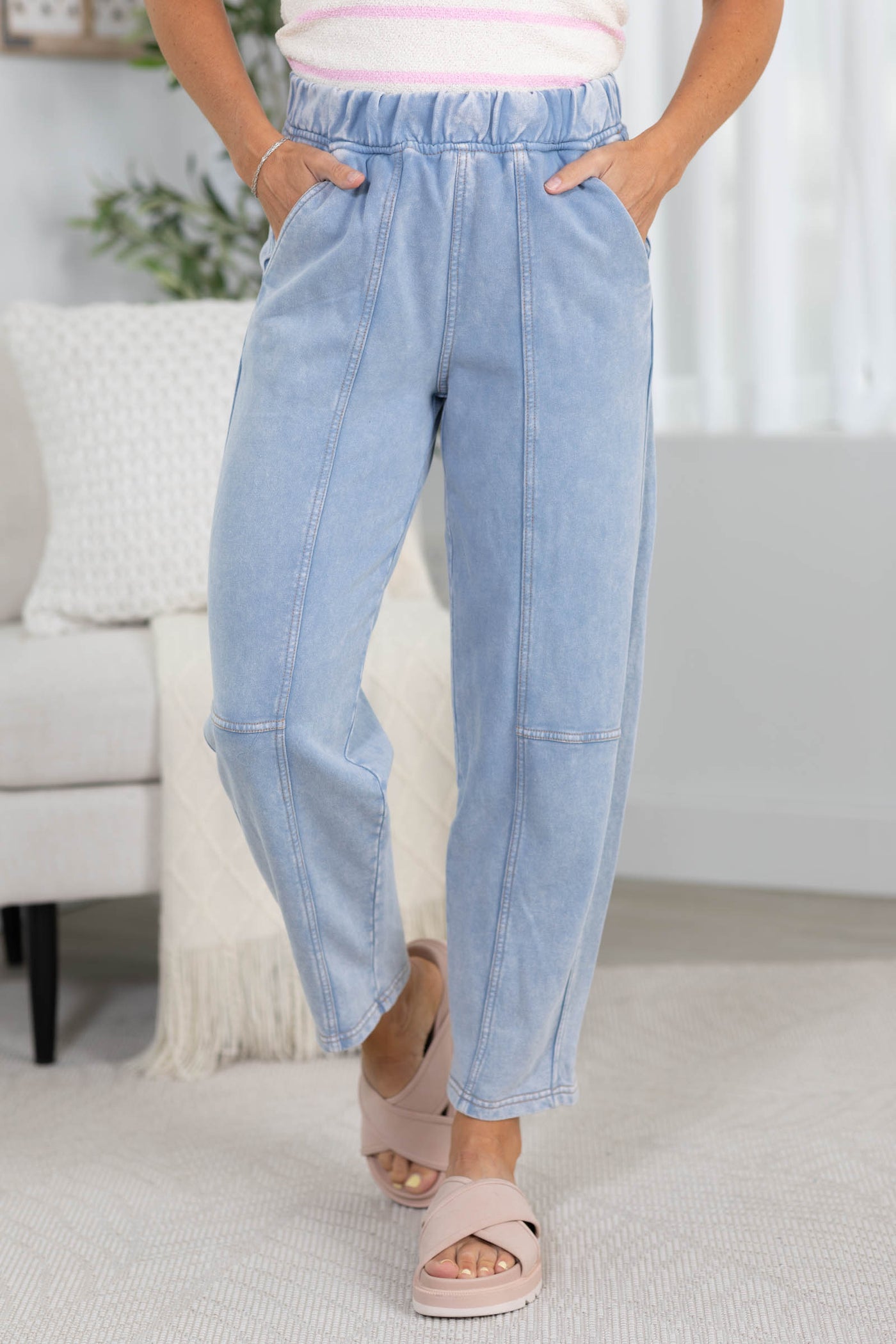 Light Blue Acid Washed Elastic Waist Knit Joggers