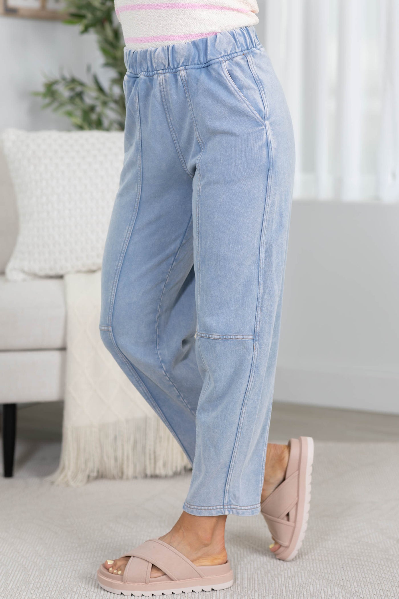 Light Blue Acid Washed Elastic Waist Knit Joggers