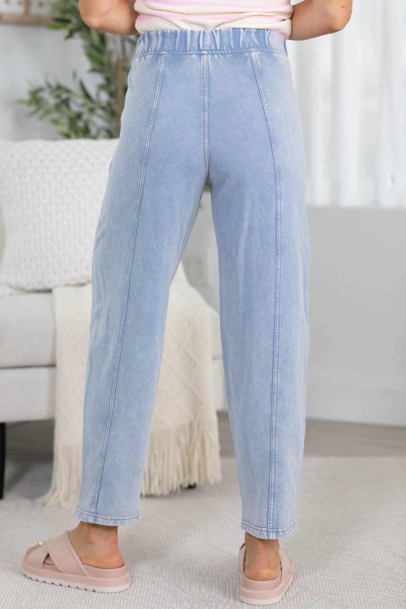 Light Blue Acid Washed Elastic Waist Knit Joggers