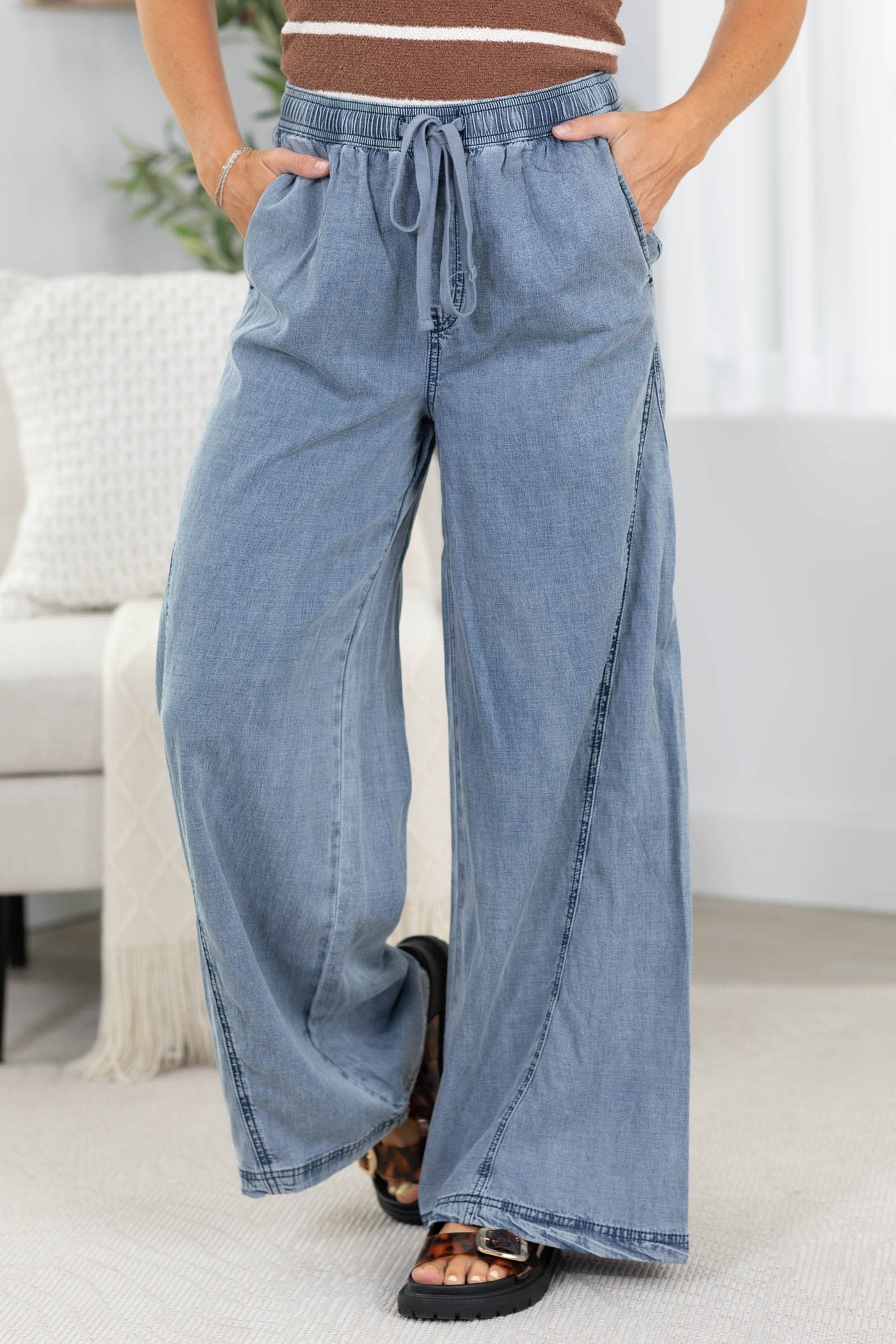 Chambray Drawstring Wide Leg Pants